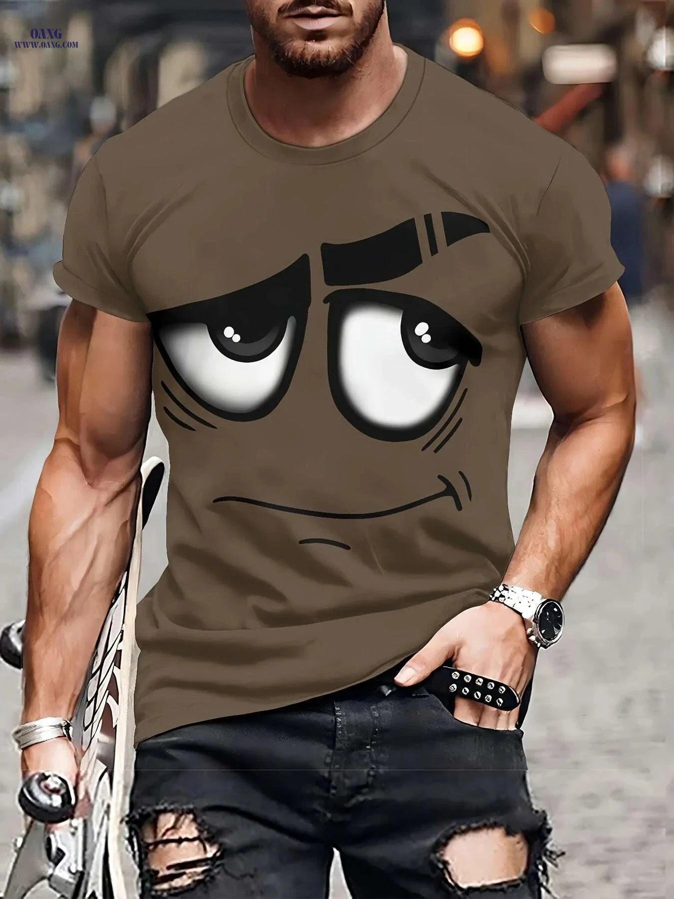 Men's 3D Graphic Tee - Casual Polyester Crew Neck, Machine Washable   OAXG Dark Gray / S