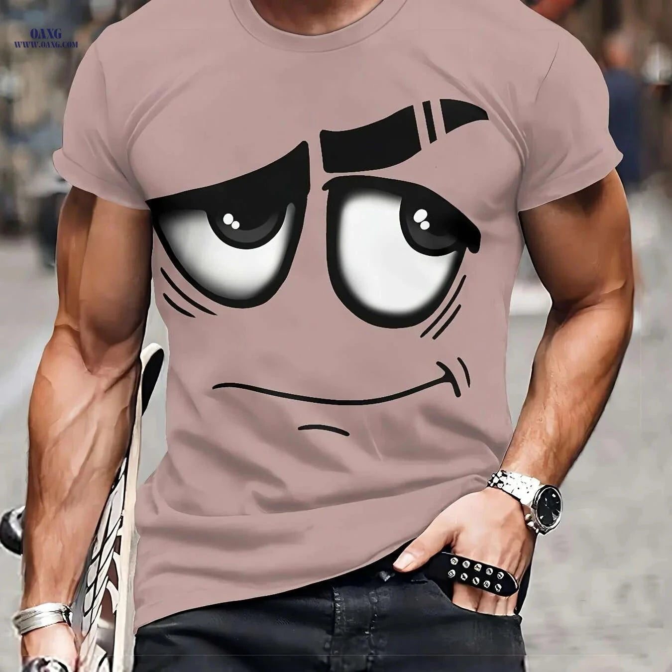 Men's 3D Graphic Tee - Casual Polyester Crew Neck, Machine Washable   OAXG Dark Gray / S
