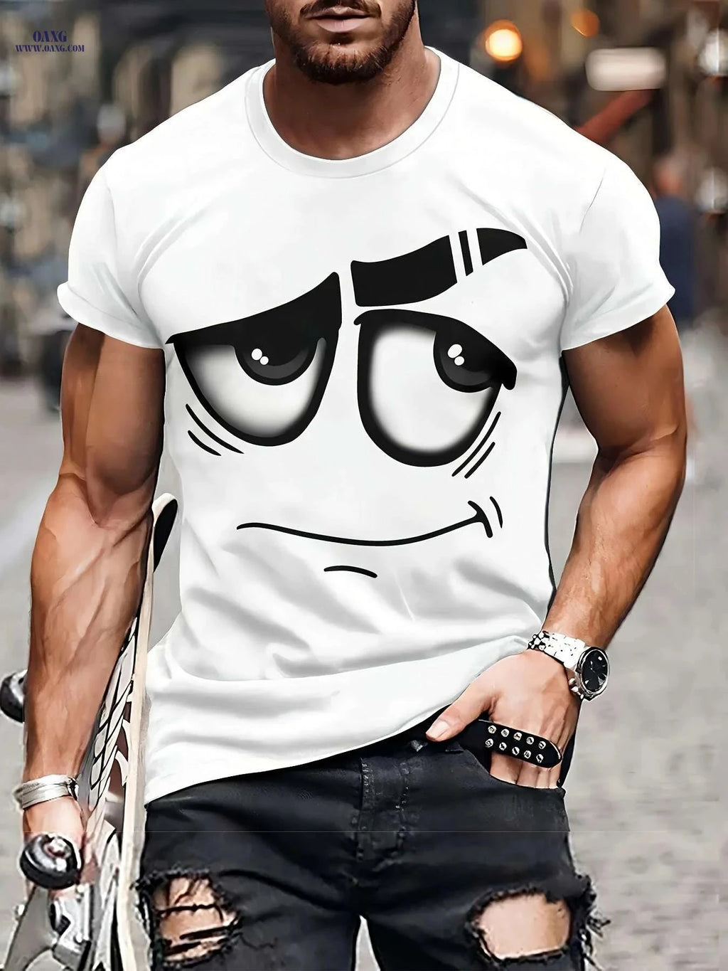 Men's 3D Graphic Tee - Casual Polyester Crew Neck, Machine Washable   OAXG Dark Gray / S