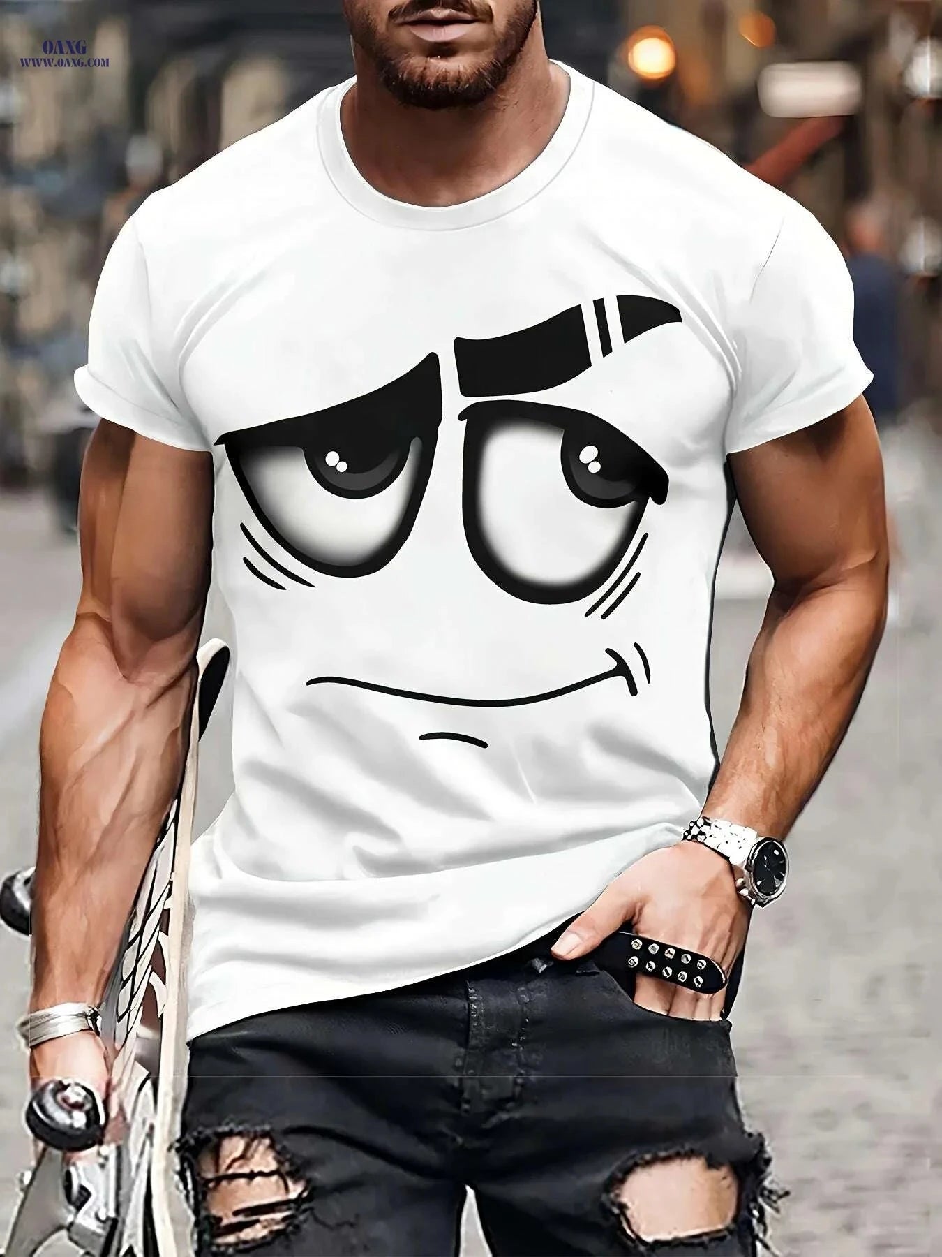 Men's 3D Graphic Tee - Casual Polyester Crew Neck, Machine Washable   OAXG Dark Gray / S