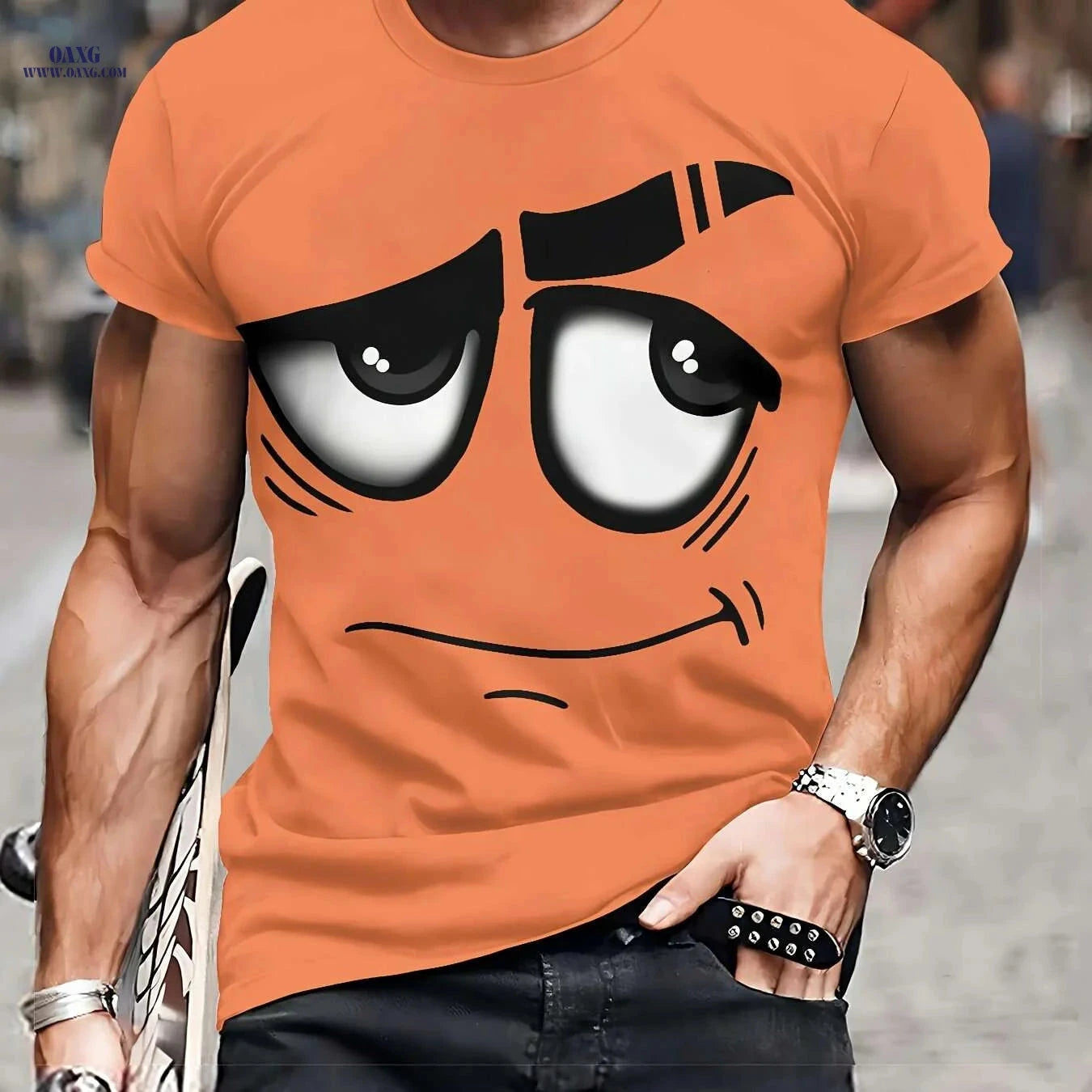 Men's 3D Graphic Tee - Casual Polyester Crew Neck, Machine Washable   OAXG Dark Gray / S