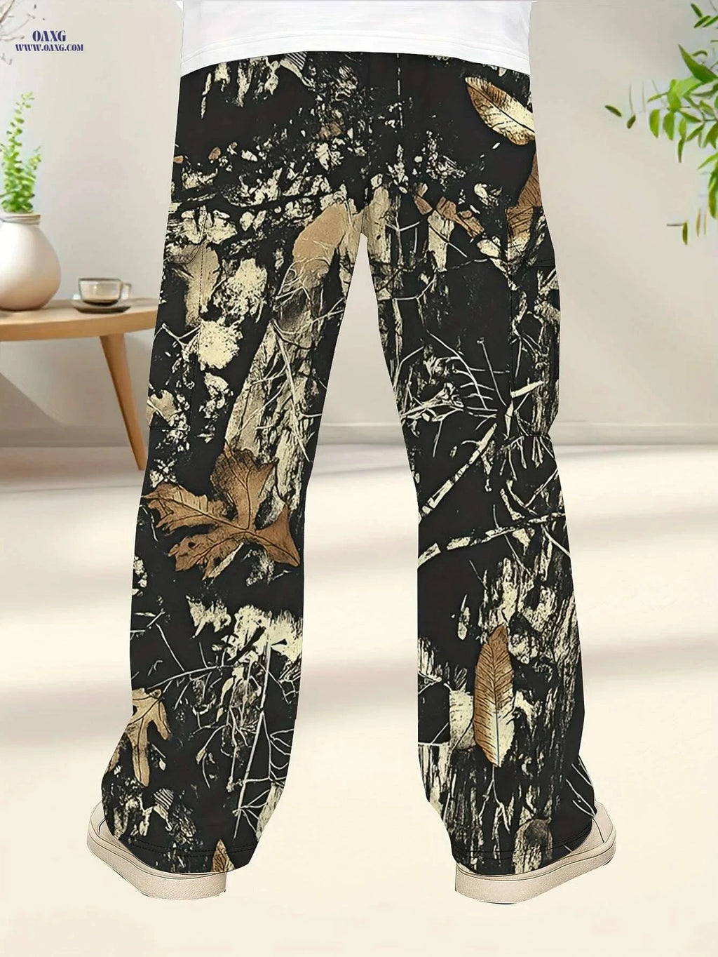 Men's 3D Leaf Print Camouflage Pants - Durable Multi-Pocket Workwear   OAXG 
