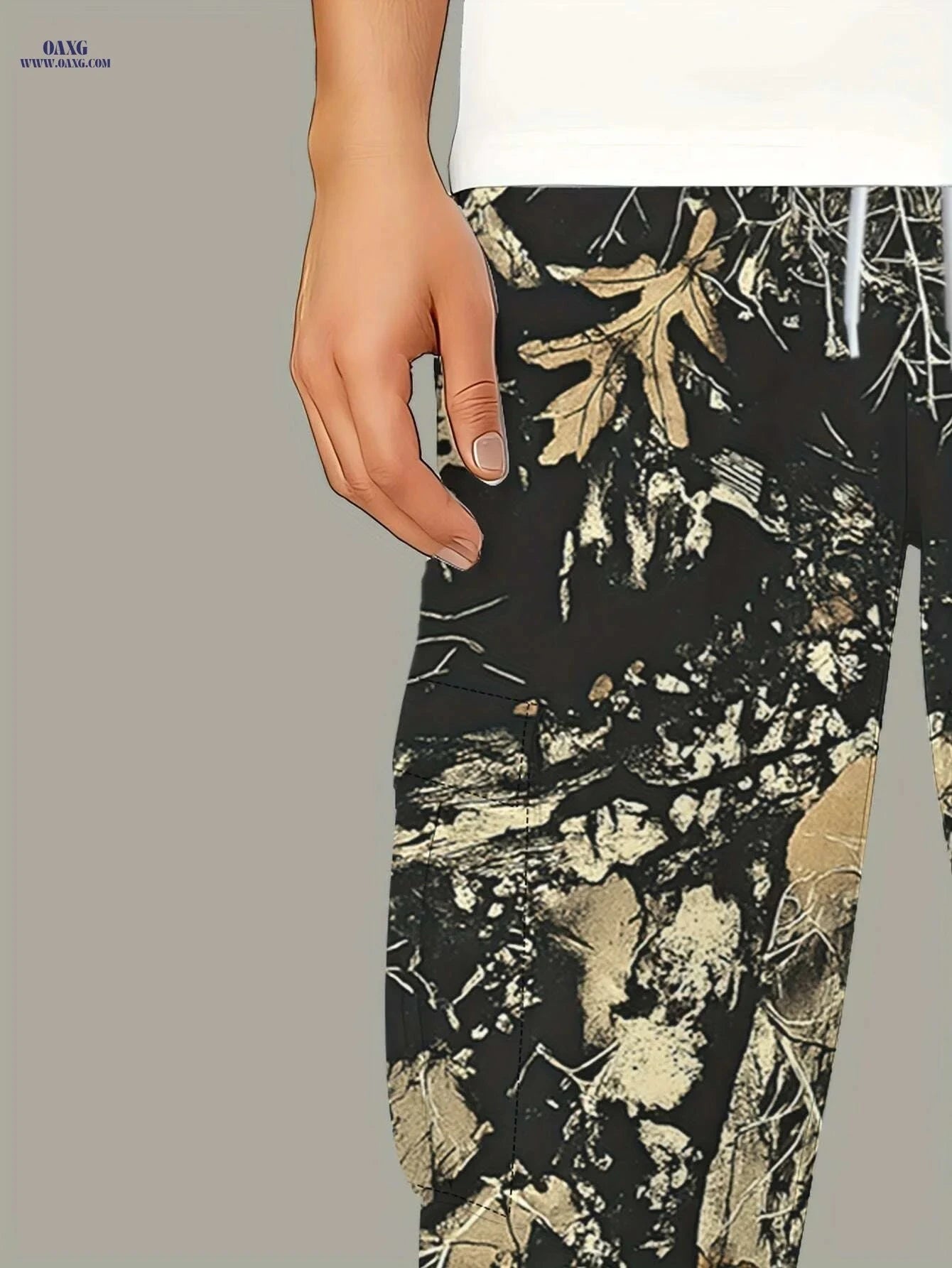 Men's 3D Leaf Print Camouflage Pants - Durable Multi-Pocket Workwear   OAXG 