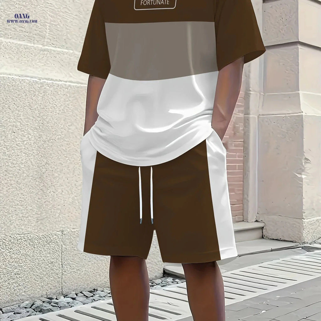 Men's 3D Letter Print Summer T-Shirt & Shorts Set - Lightweight Casual   OAXG Dark Brown / FR S
