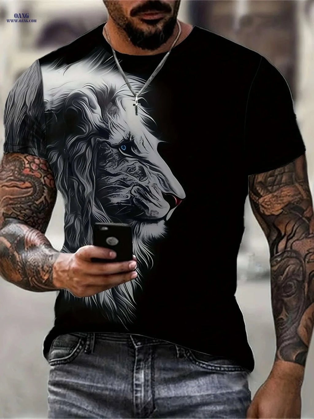 Men's 3D Lion Head Graphic T-Shirt - Black Casual Summer Tee   OAXG Mixed Color / S