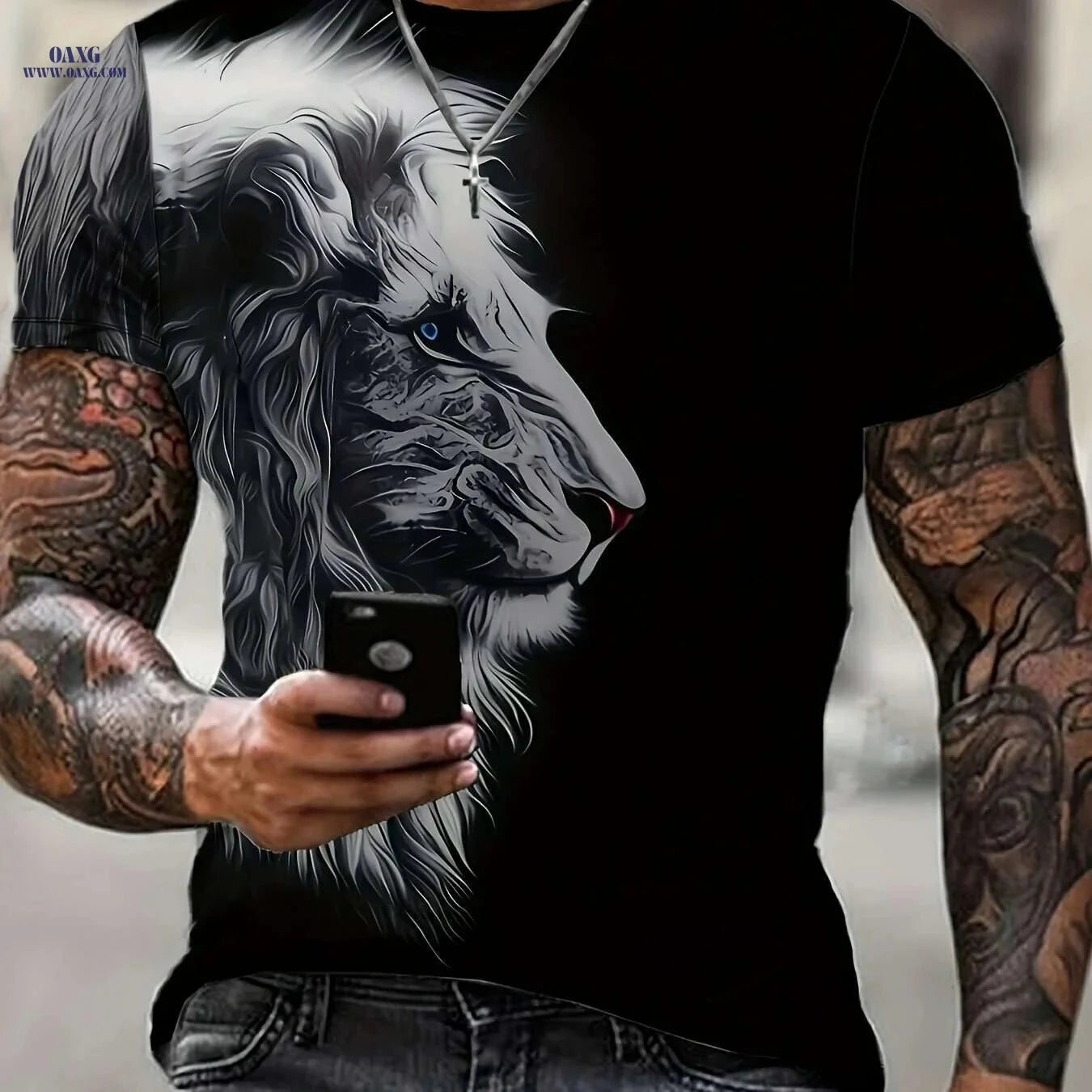 Men's 3D Lion Head Graphic T-Shirt - Black Casual Summer Tee   OAXG 