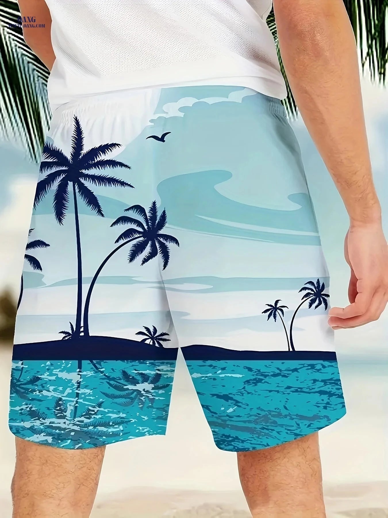 Men's 3D Palm Tree Print Beach Shorts - Casual Polyester Swimwear   OAXG 