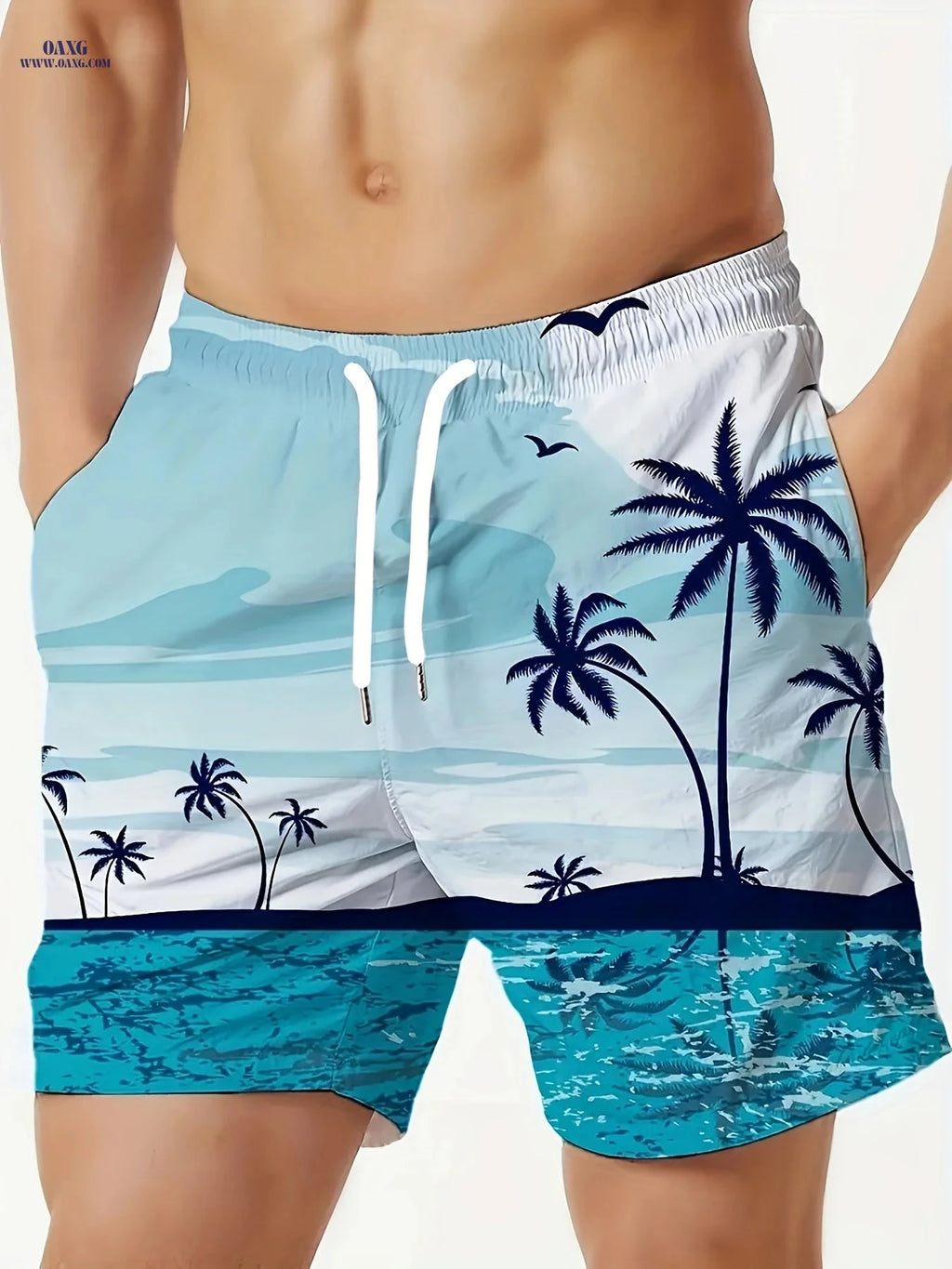 Men's 3D Palm Tree Print Beach Shorts - Casual Polyester Swimwear   OAXG Sky Blue / FR S