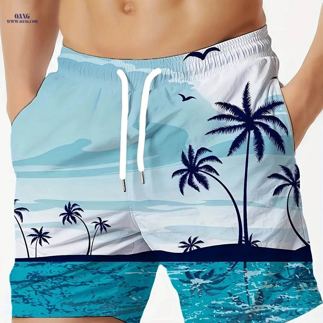 Men's 3D Palm Tree Print Beach Shorts - Casual Polyester Swimwear   OAXG Sky Blue / FR S