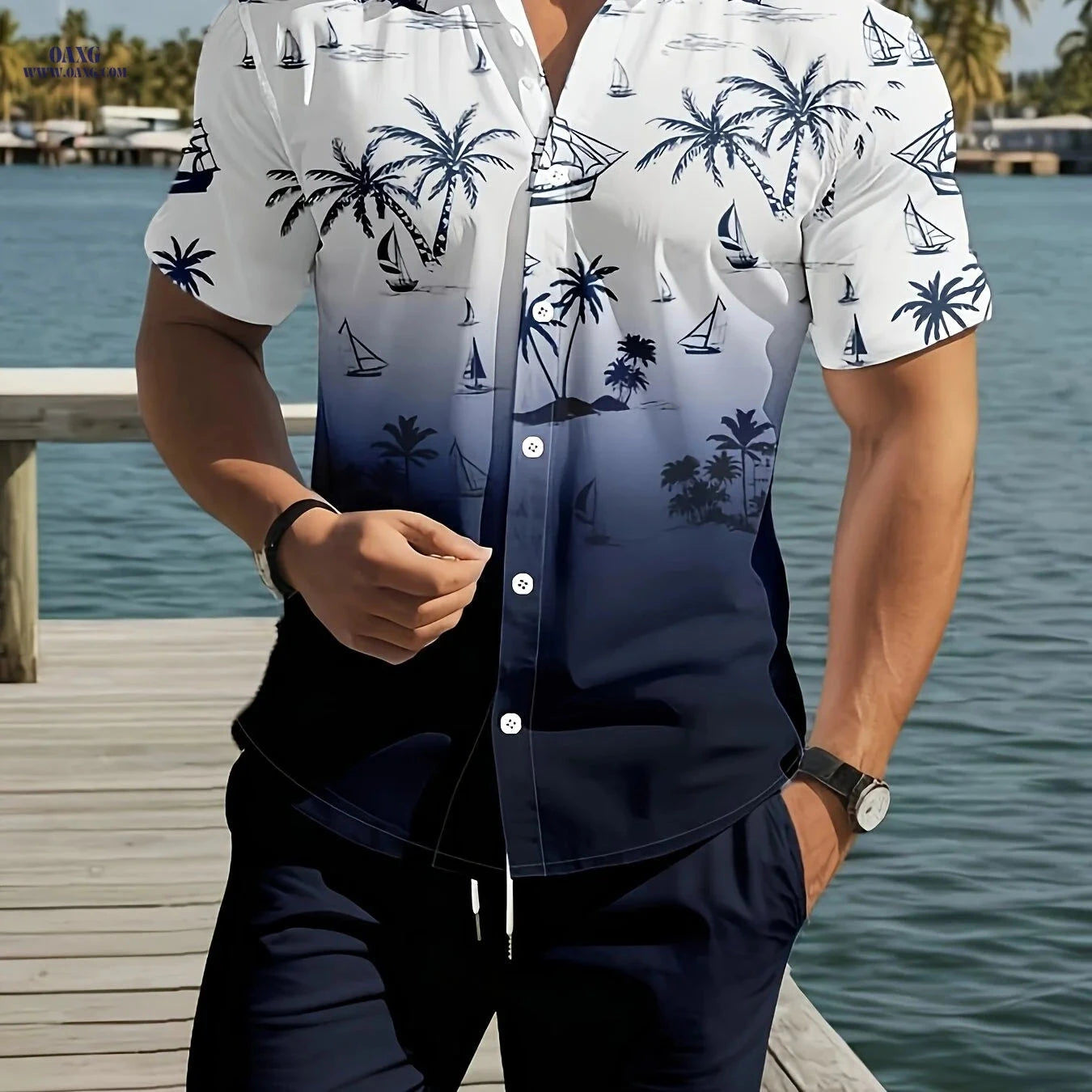 Men's 3D Palm Tree Print Shirt & Shorts Set - Casual Summer Style   OAXG Army Green / FR S
