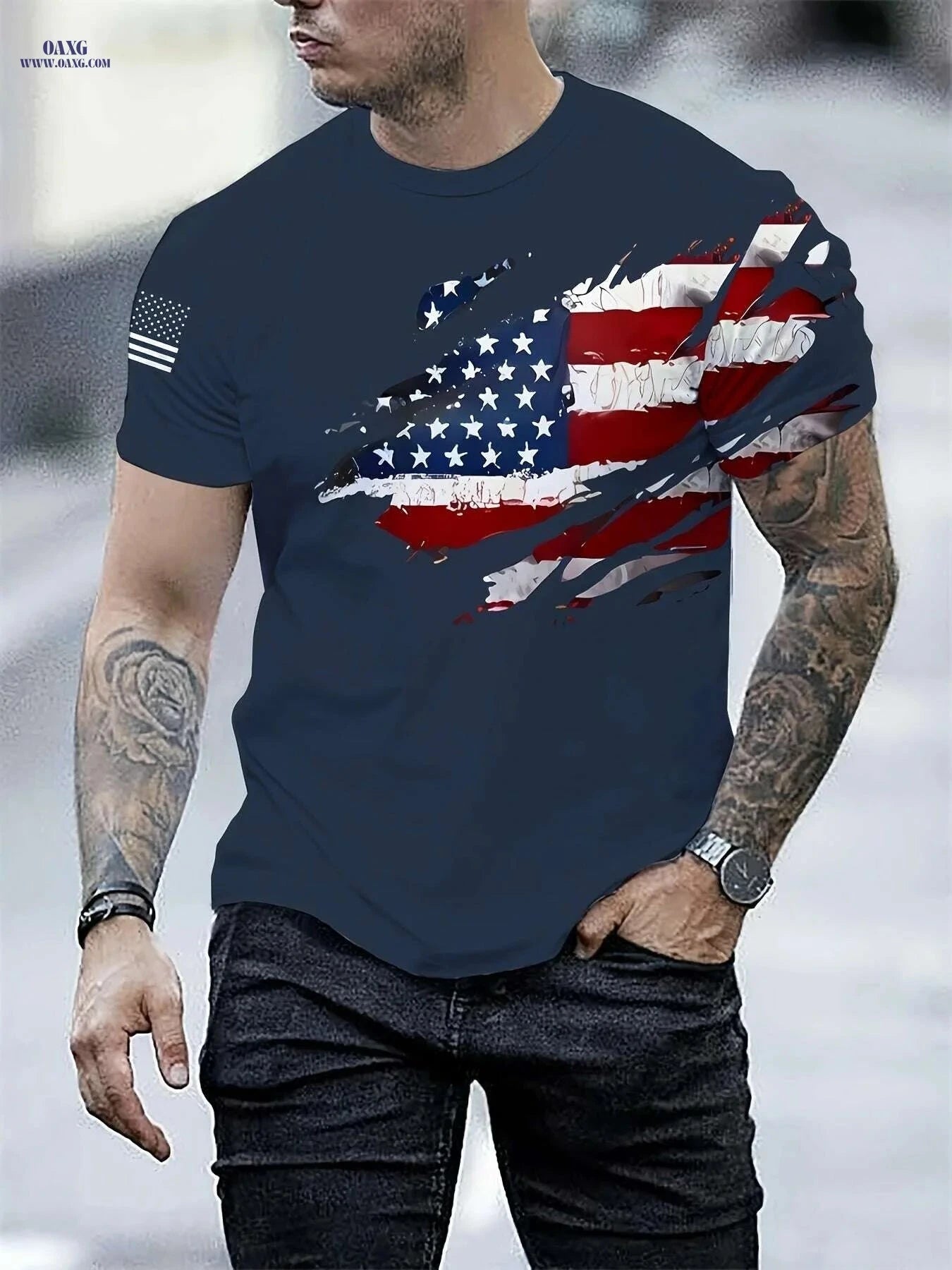 Men's 3D Print American Flag T-Shirt - Casual Short Sleeve for Summer   OAXG Black / S