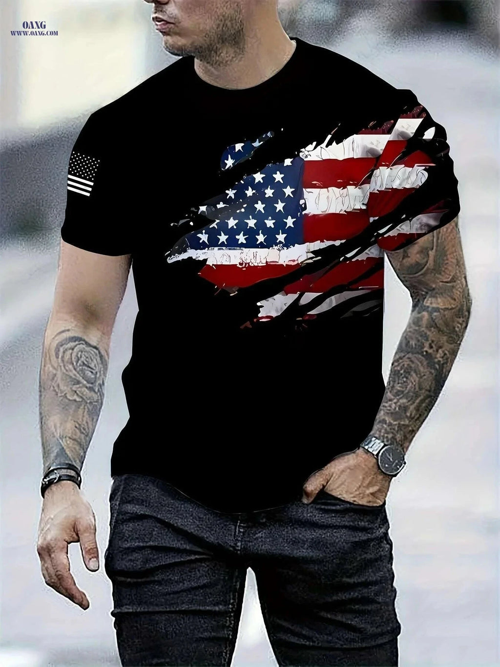 Men's 3D Print American Flag T-Shirt - Casual Short Sleeve for Summer   OAXG Black / S