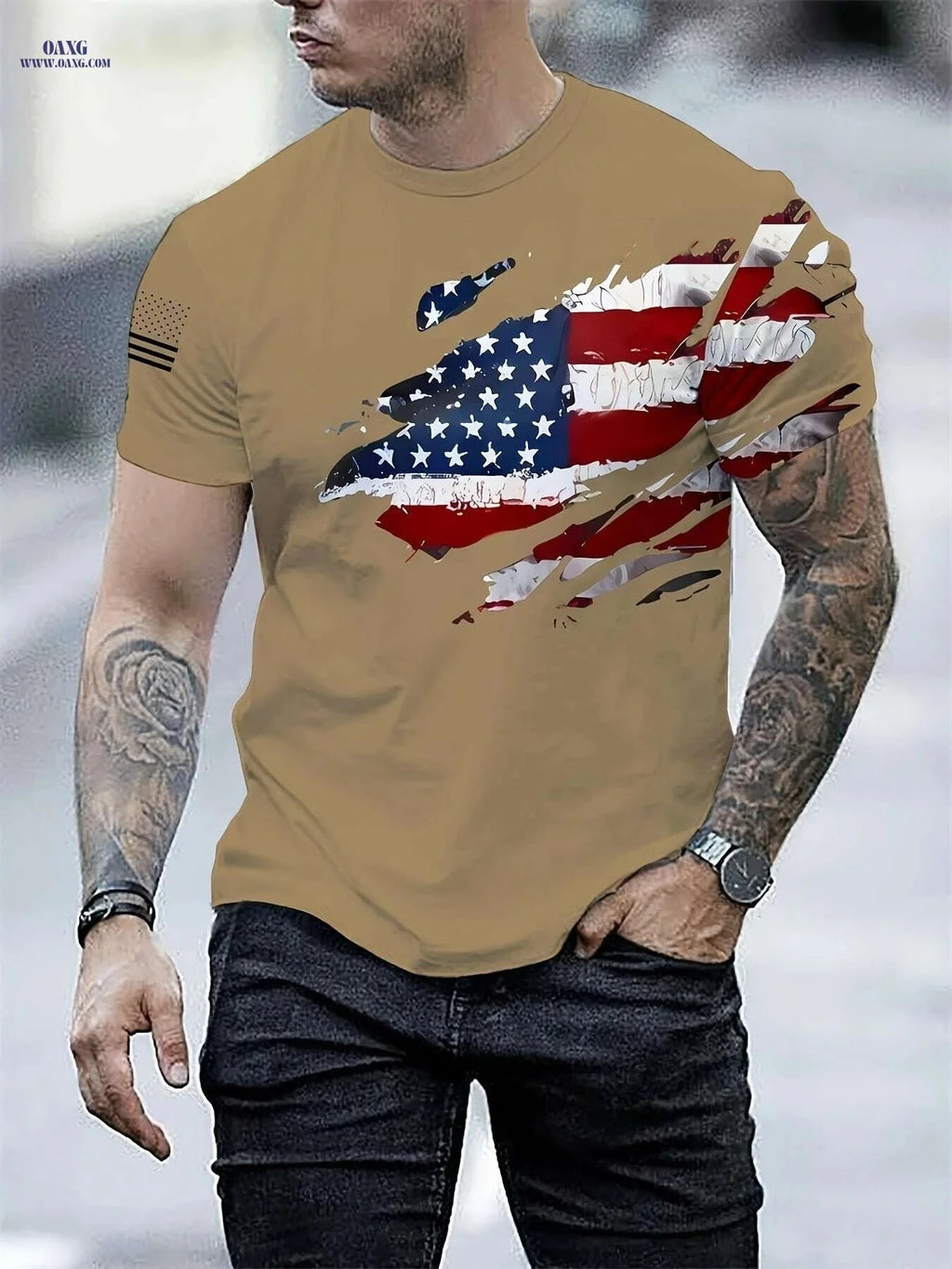Men's 3D Print American Flag T-Shirt - Casual Short Sleeve for Summer   OAXG Black / S