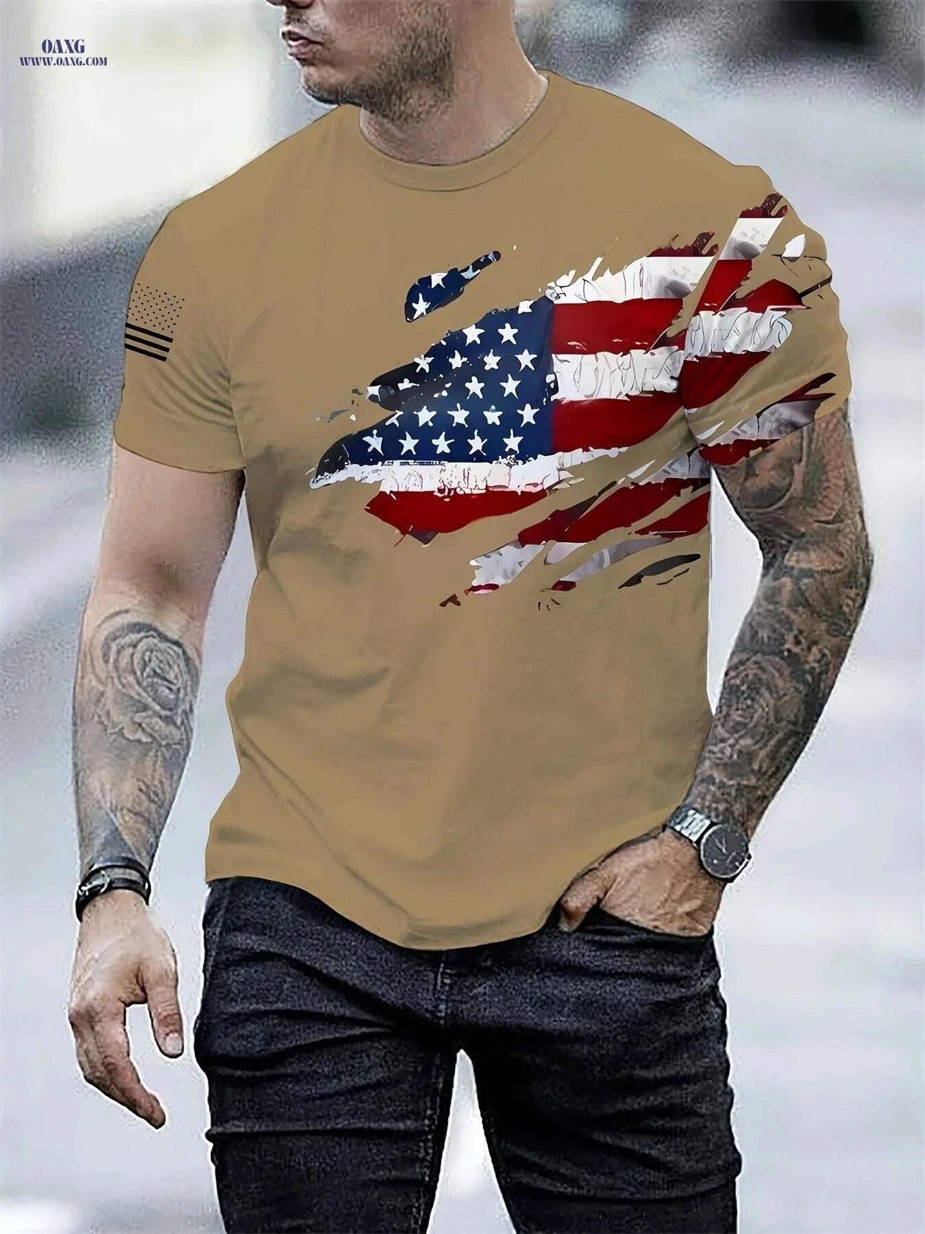 Men's 3D Print American Flag T-Shirt - Casual Short Sleeve for Summer   OAXG Black / S