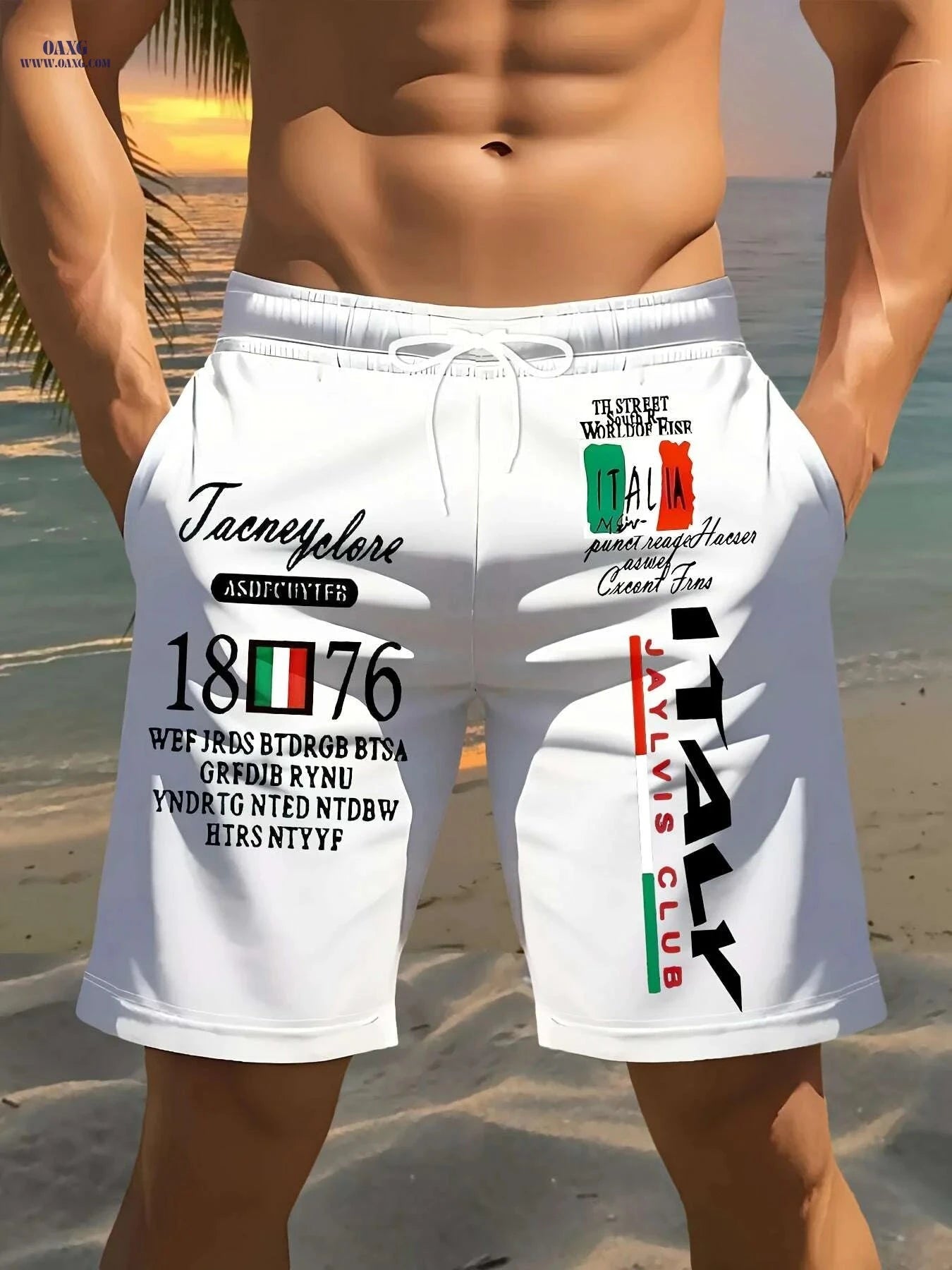 Men's 3D Print Beach Shorts - Lightweight, Drawstring Waist, Casual Style   OAXG White / S