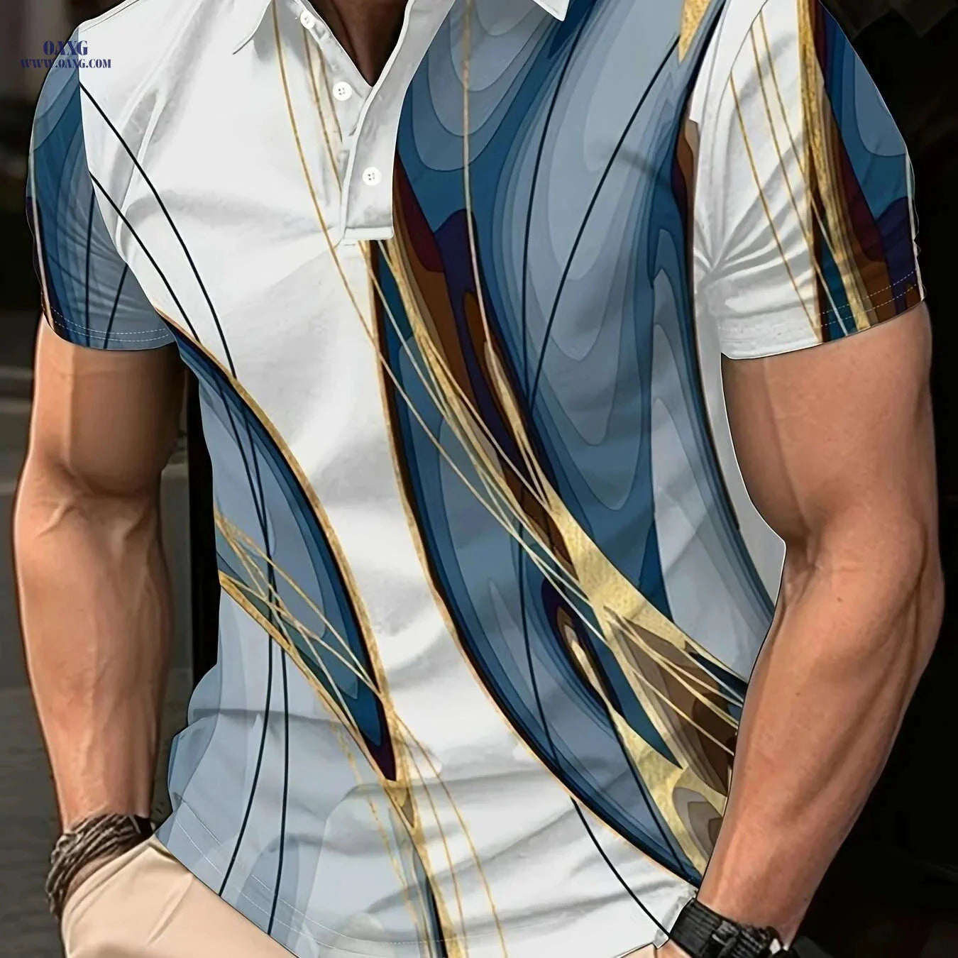 Men's 3D Print Lapel Short Sleeve Shirt - Casual Fitness Training   OAXG 