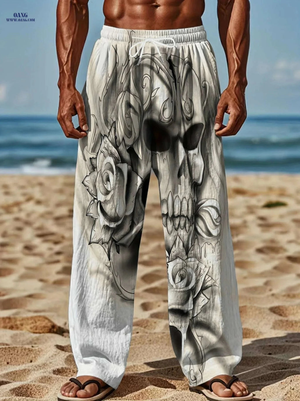 Men's 3D Print Pants - Casual Loose Fit, Skull and Floral Design   OAXG 