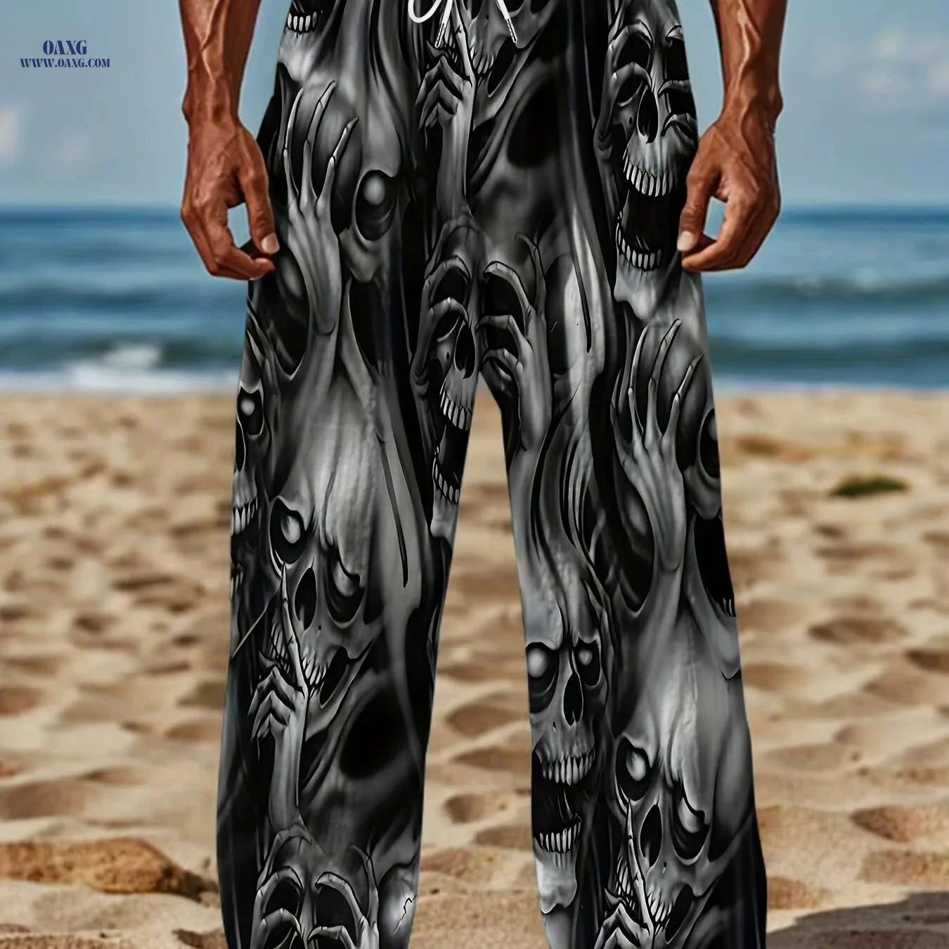 Men's 3D Print Pants - Casual Loose Fit, Skull and Floral Design   OAXG 