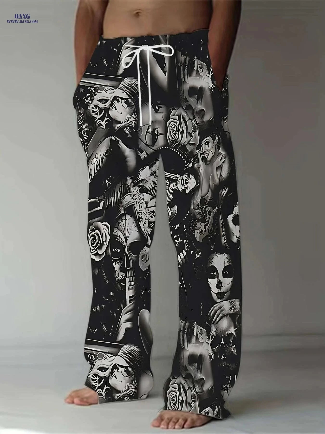 Men's 3D Print Pants - Casual Loose Fit, Skull and Floral Design   OAXG Style4 / M