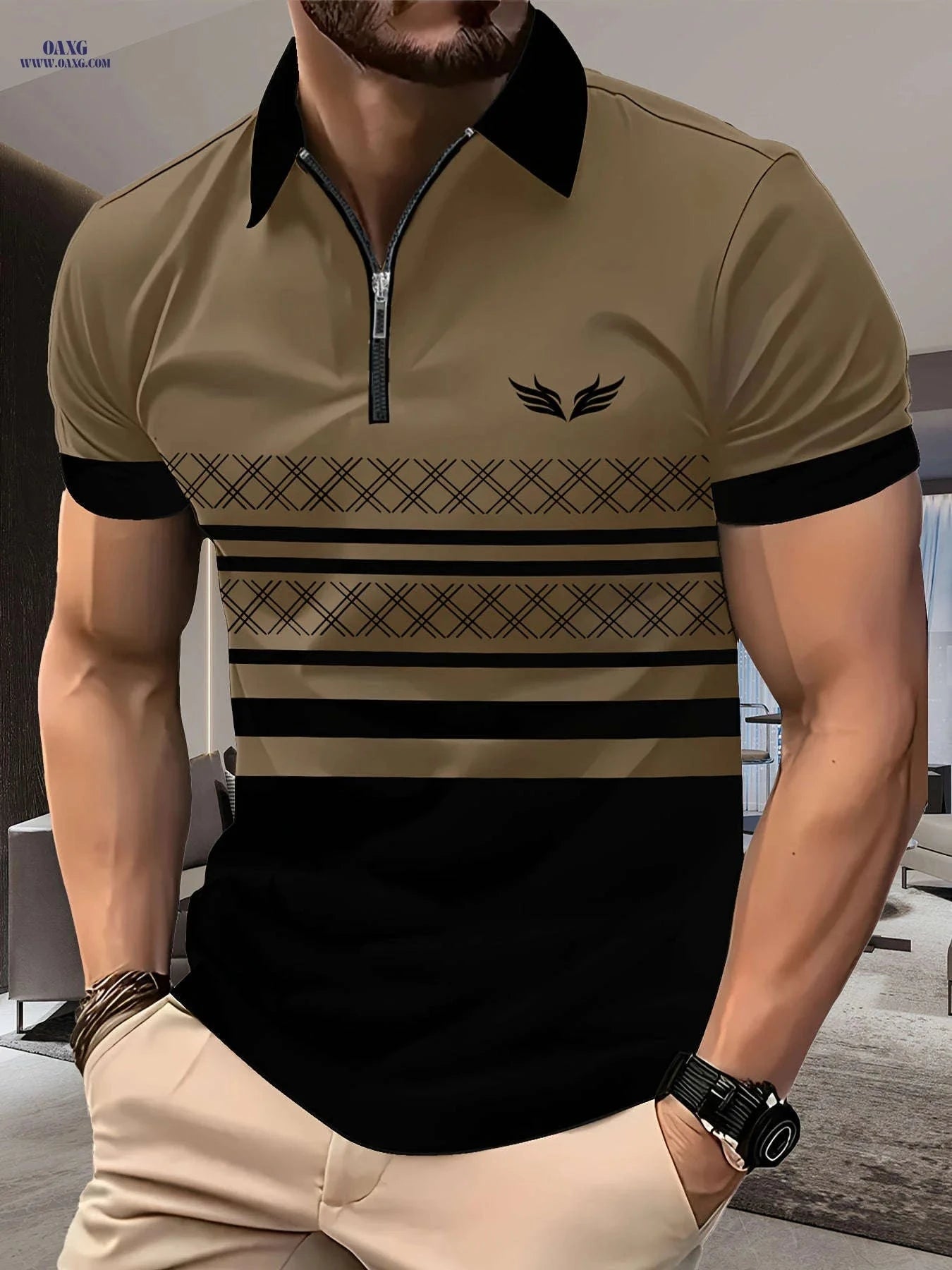 Men's 3D Print Zipper Collar Shirt - Stylish Summer Casual Tee   OAXG 