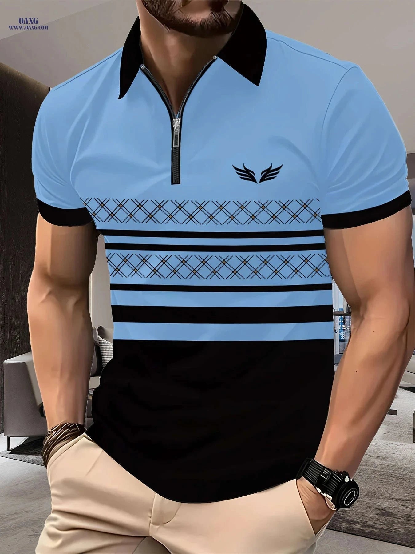 Men's 3D Print Zipper Collar Shirt - Stylish Summer Casual Tee   OAXG 