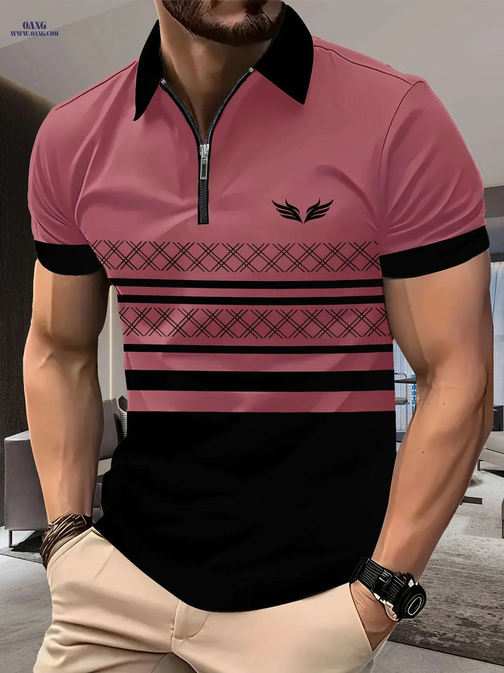 Men's 3D Print Zipper Collar Shirt - Stylish Summer Casual Tee   OAXG 