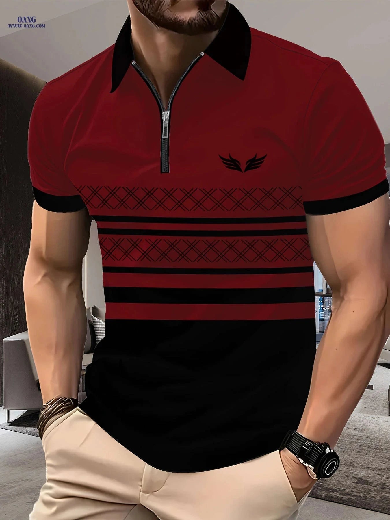 Men's 3D Print Zipper Collar Shirt - Stylish Summer Casual Tee   OAXG Khaki / FR S