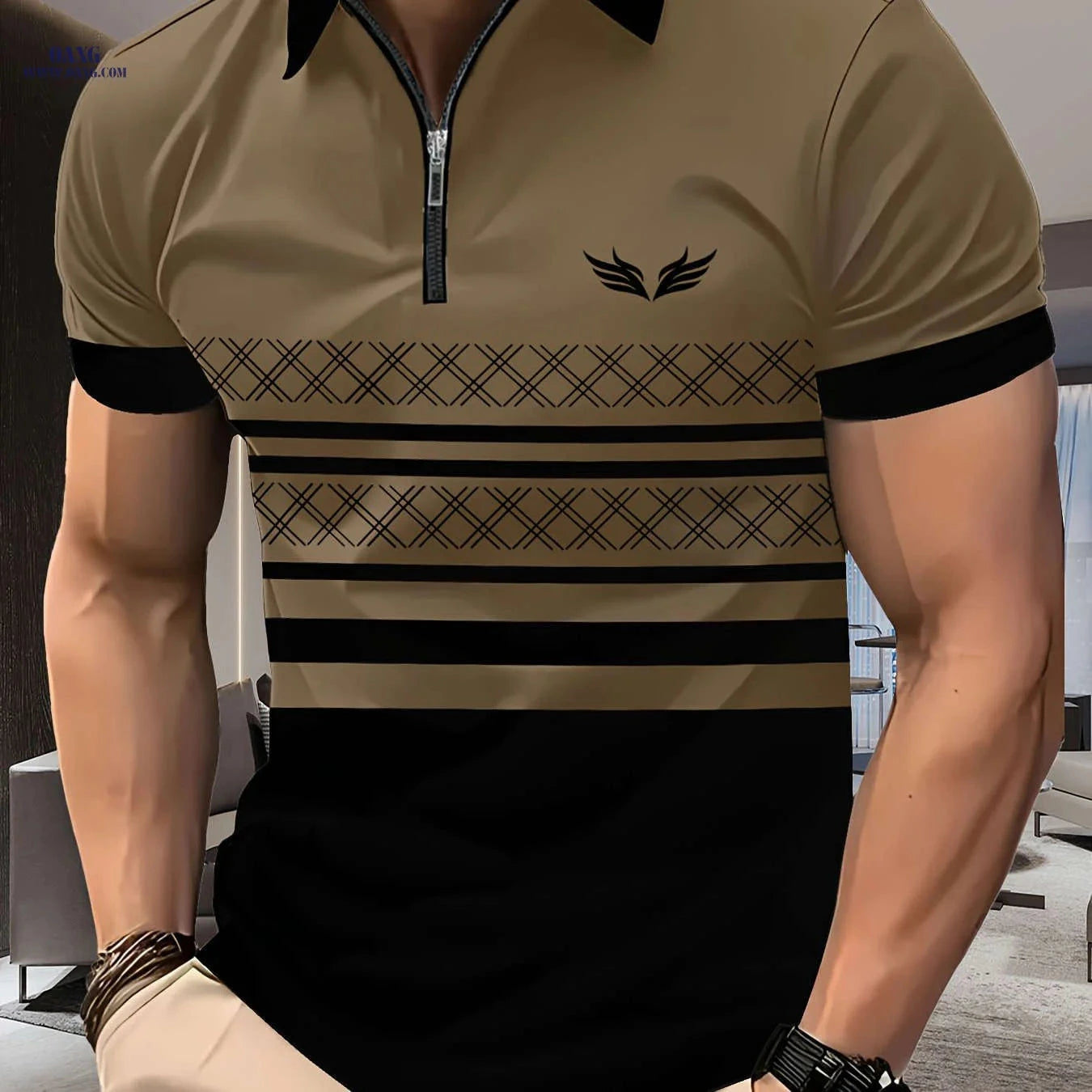 Men's 3D Print Zipper Collar Shirt - Stylish Summer Casual Tee   OAXG Khaki / FR S