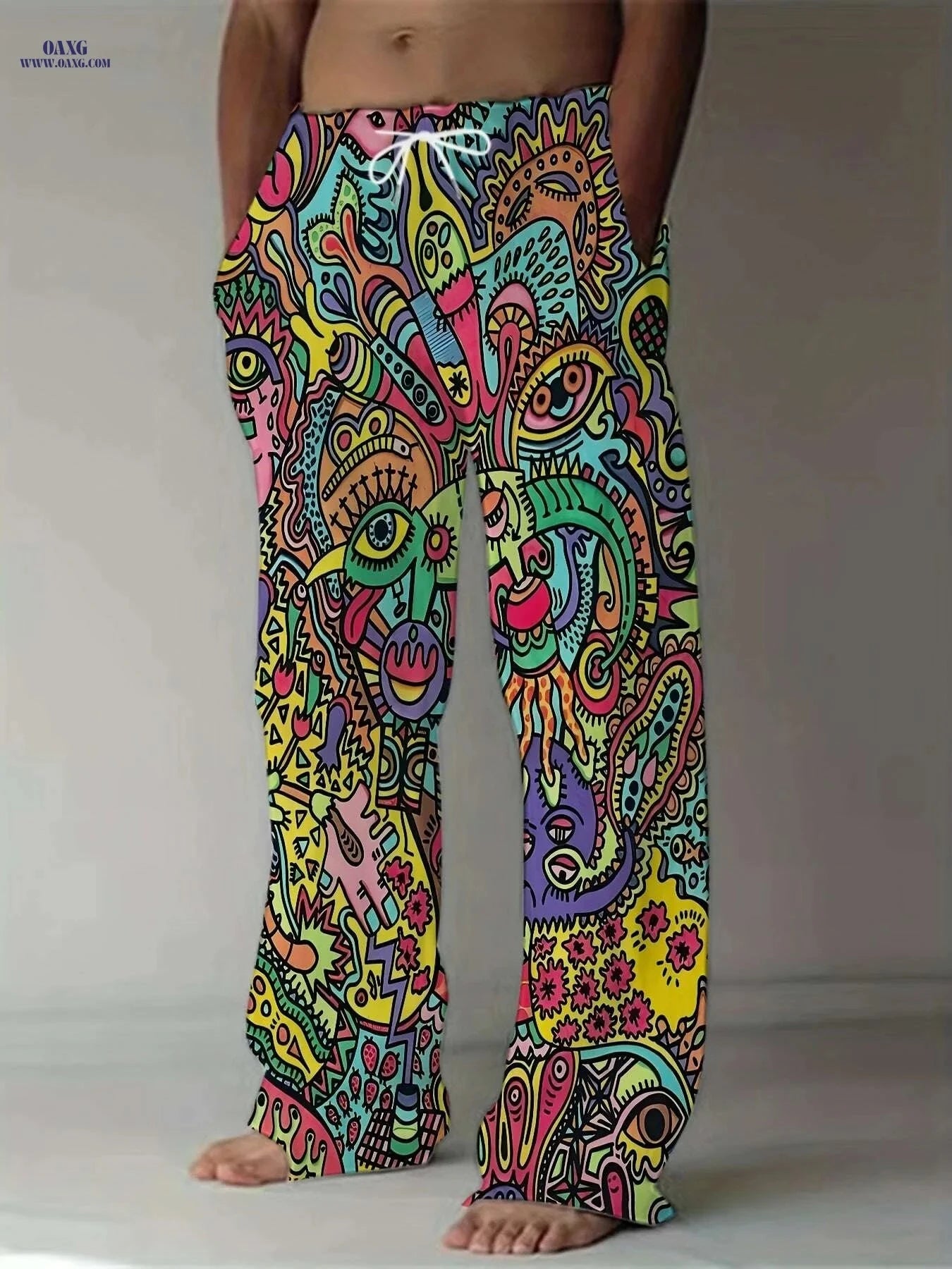 Men's 3D Printed Casual Pants - Loose Fit, Drawstring Waist   OAXG 