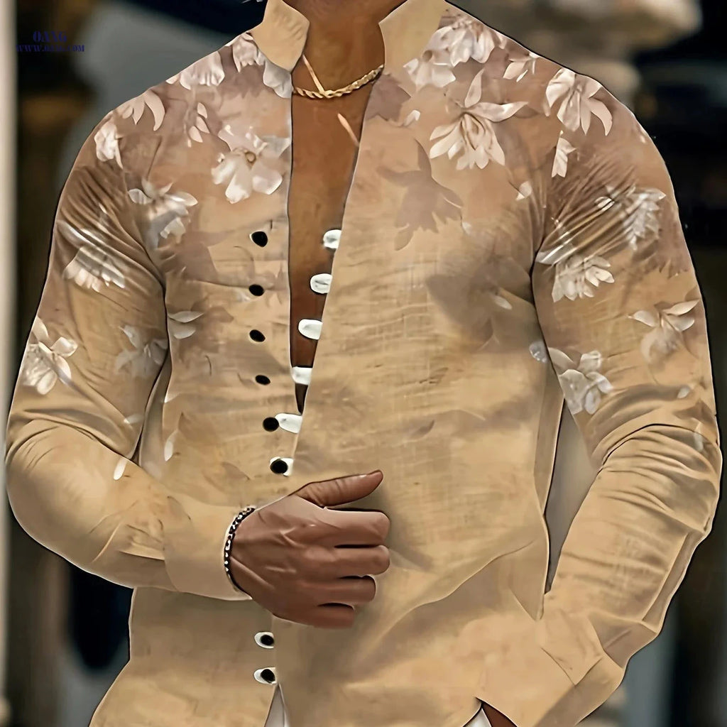Men's 3D Printed Casual Shirt - Floral Pattern, Mandarin Collar   OAXG Yellowish-brown / FR M