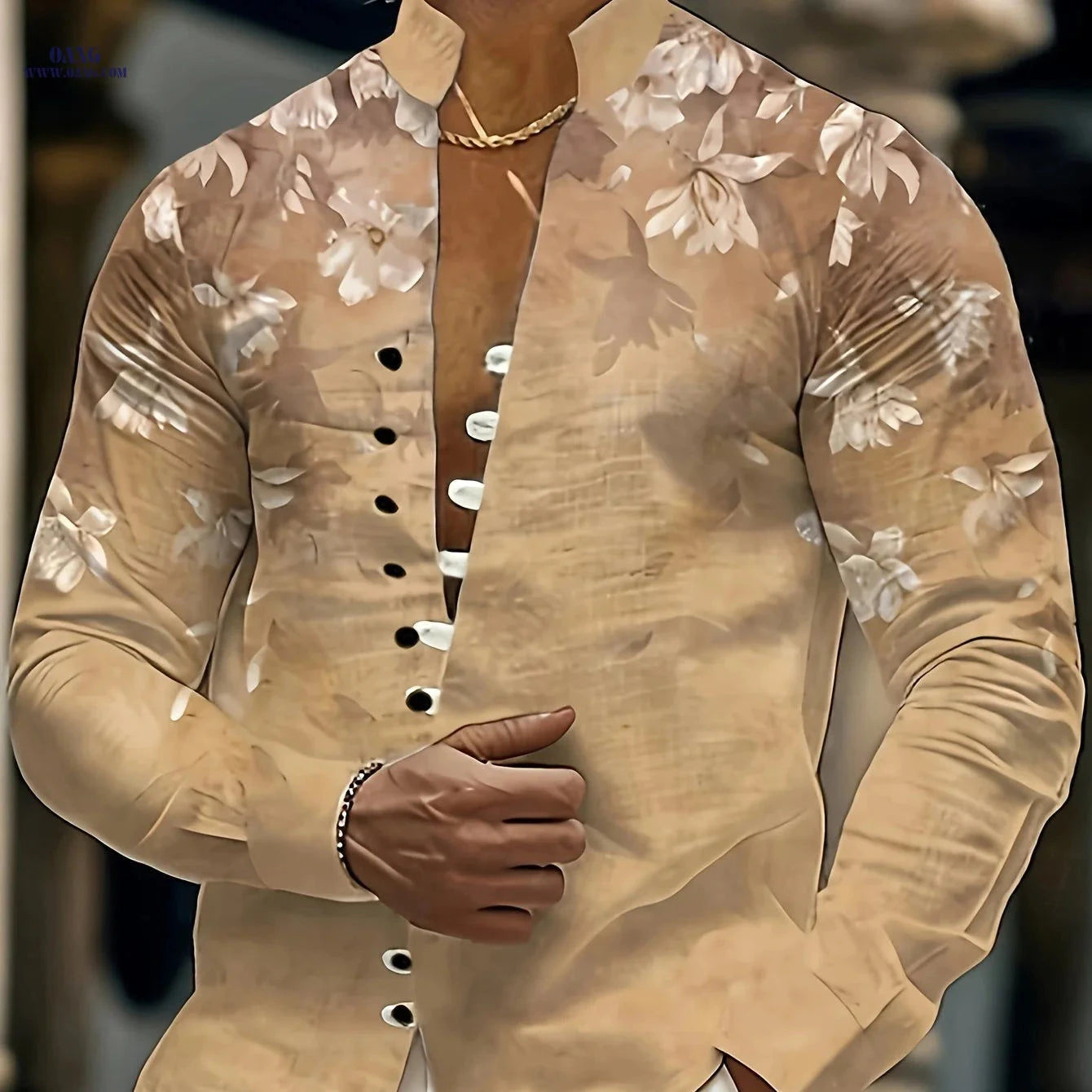 Men's 3D Printed Casual Shirt - Floral Pattern, Mandarin Collar   OAXG Yellowish-brown / FR M