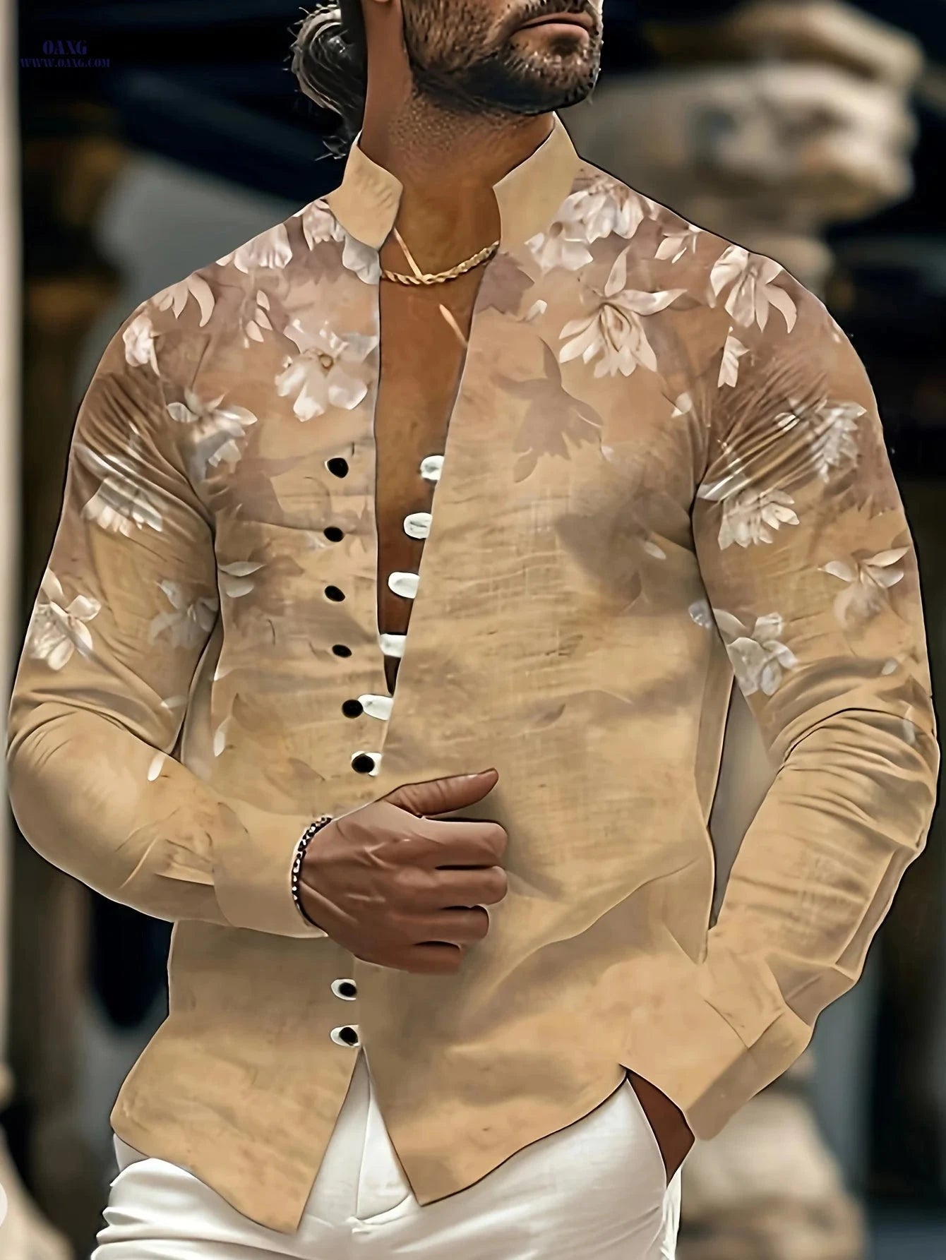Men's 3D Printed Casual Shirt - Floral Pattern, Mandarin Collar   OAXG Yellowish-brown / FR M