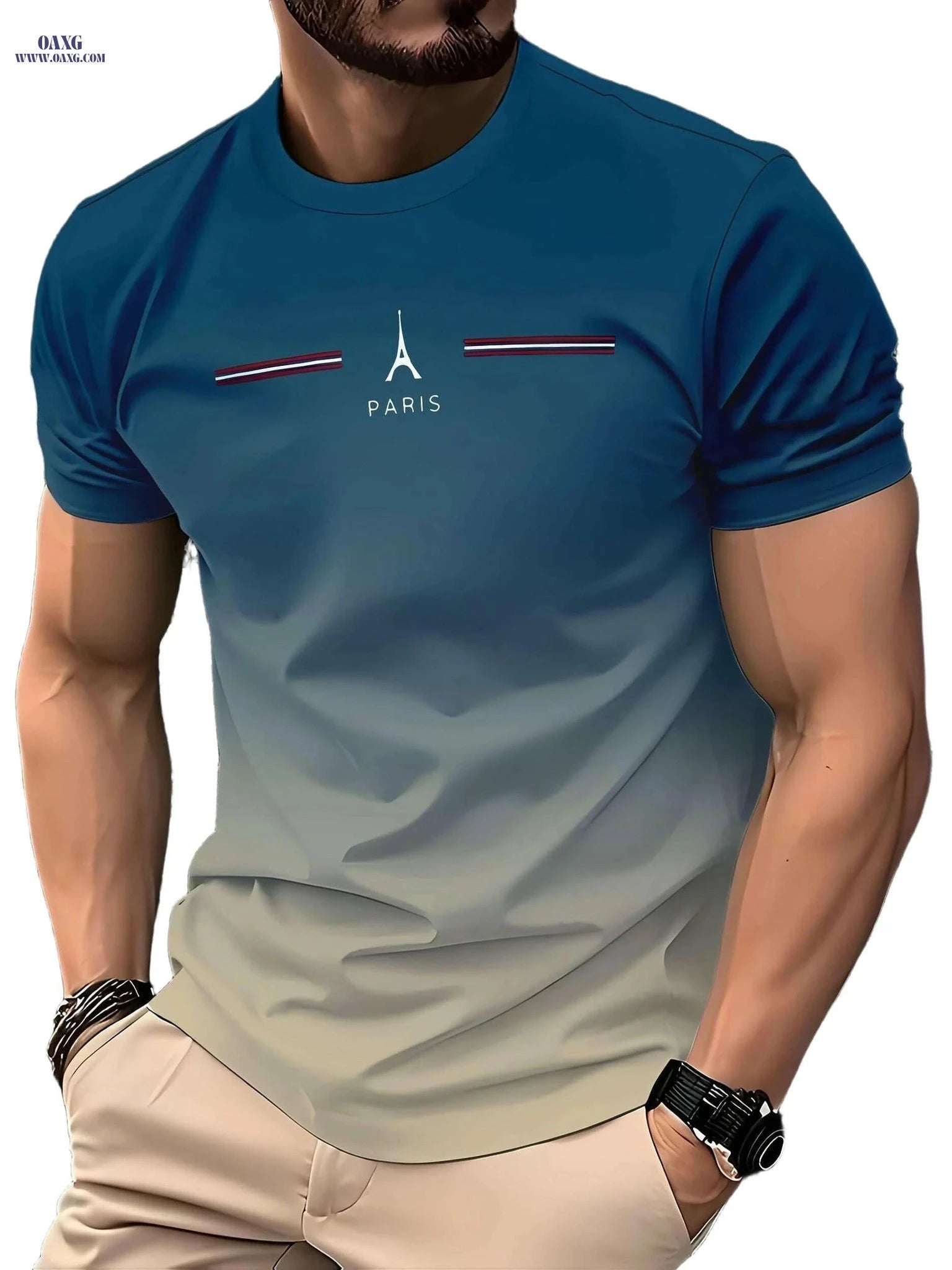 Men's 3D Printed Eiffel Tower Tee - Breathable, Casual Summer Shirt   OAXG Orange / S