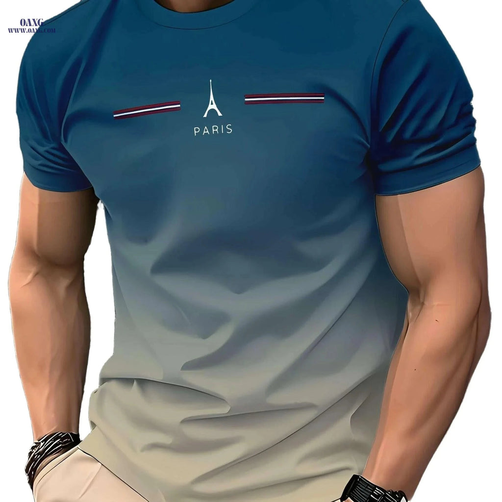 Men's 3D Printed Eiffel Tower Tee - Breathable, Casual Summer Shirt   OAXG Orange / S