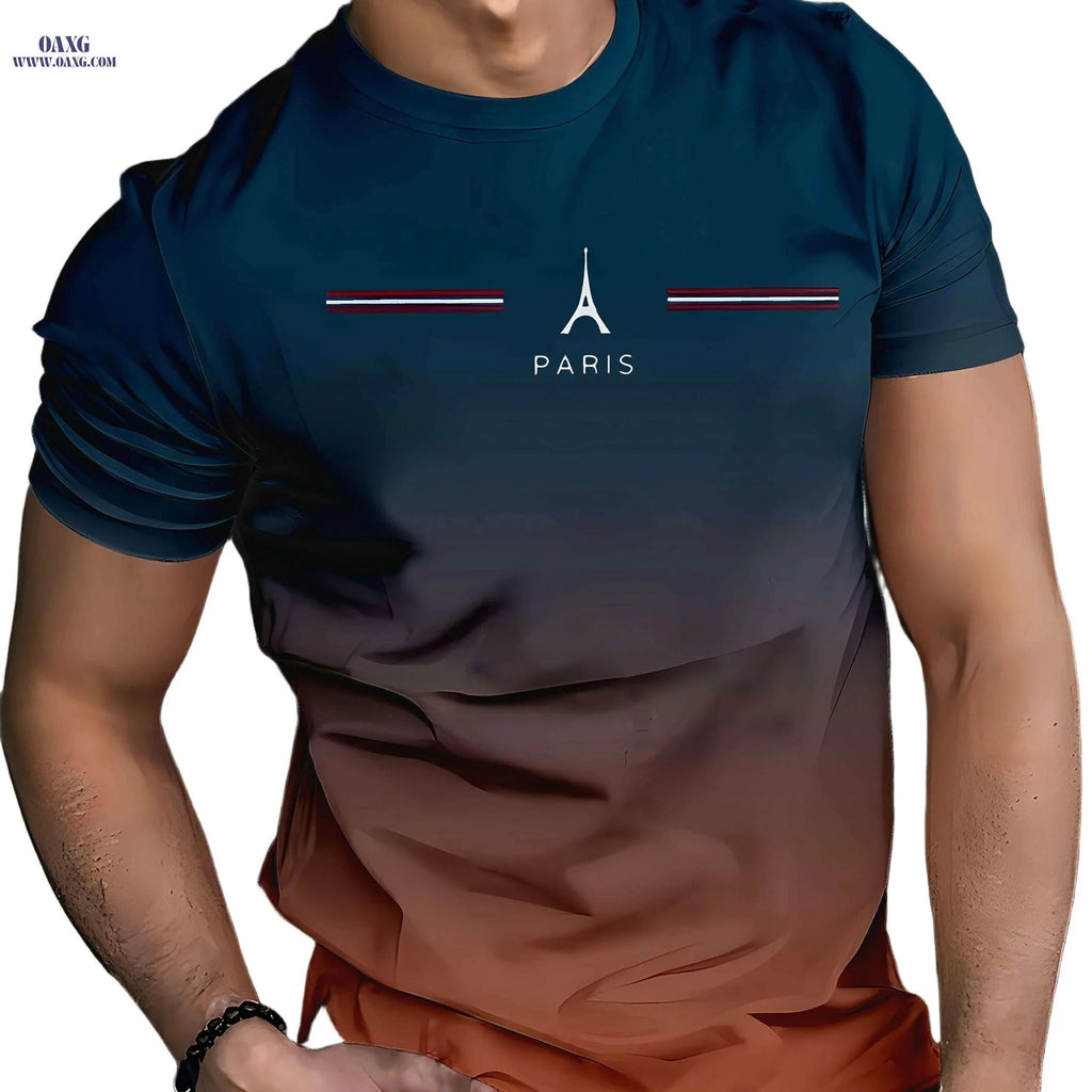 Men's 3D Printed Eiffel Tower Tee - Breathable, Casual Summer Shirt   OAXG Orange / S