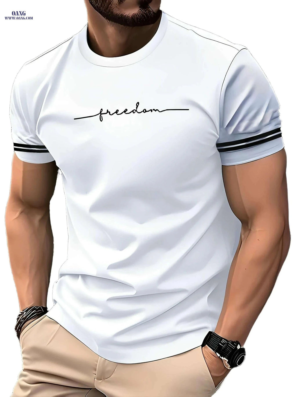 Men's 3D Printed Freedom Script T-Shirt - Casual Short Sleeve Tee   OAXG White / S