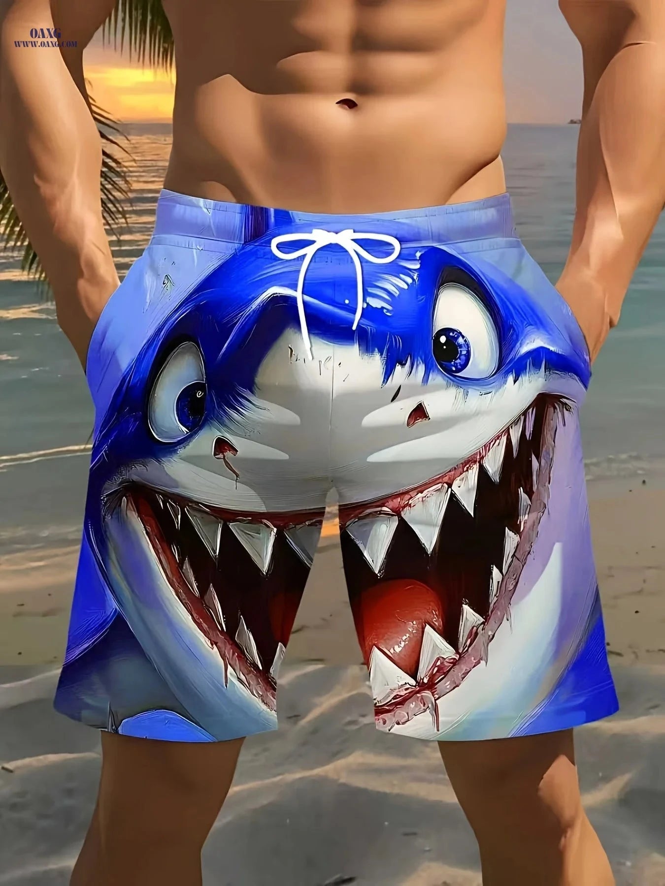 Men’s 3D Shark Beach Shorts - Lightweight Polyester Swim Trunks   OAXG 