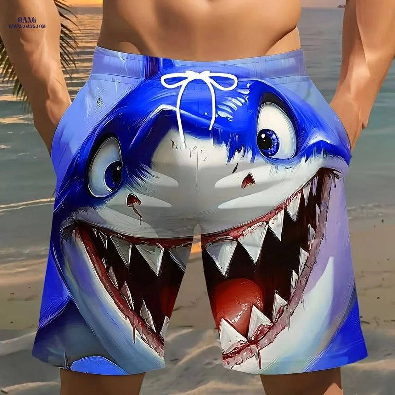 Men’s 3D Shark Beach Shorts - Lightweight Polyester Swim Trunks   OAXG 