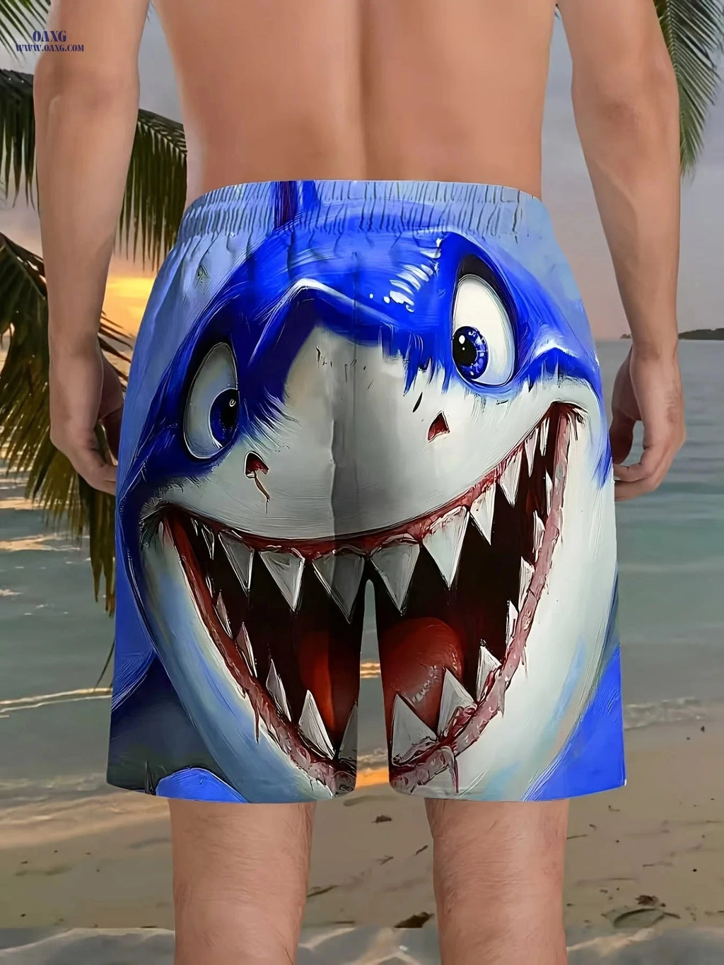 Men’s 3D Shark Beach Shorts - Lightweight Polyester Swim Trunks   OAXG Blue / FR S
