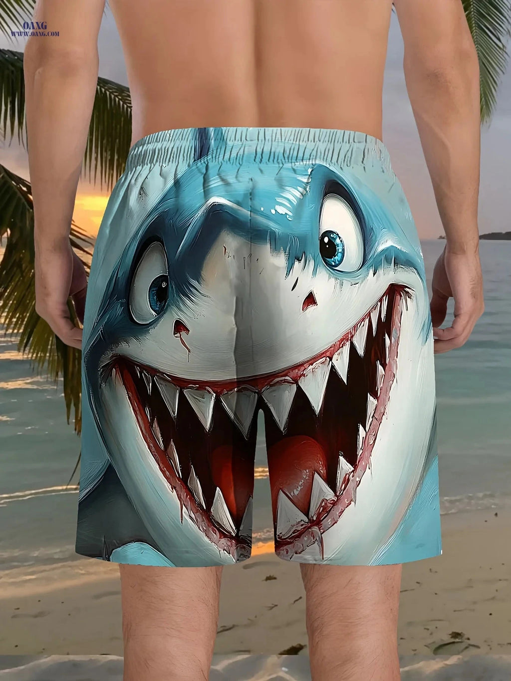 Men’s 3D Shark Beach Shorts - Lightweight Polyester Swim Trunks   OAXG Blue / FR S