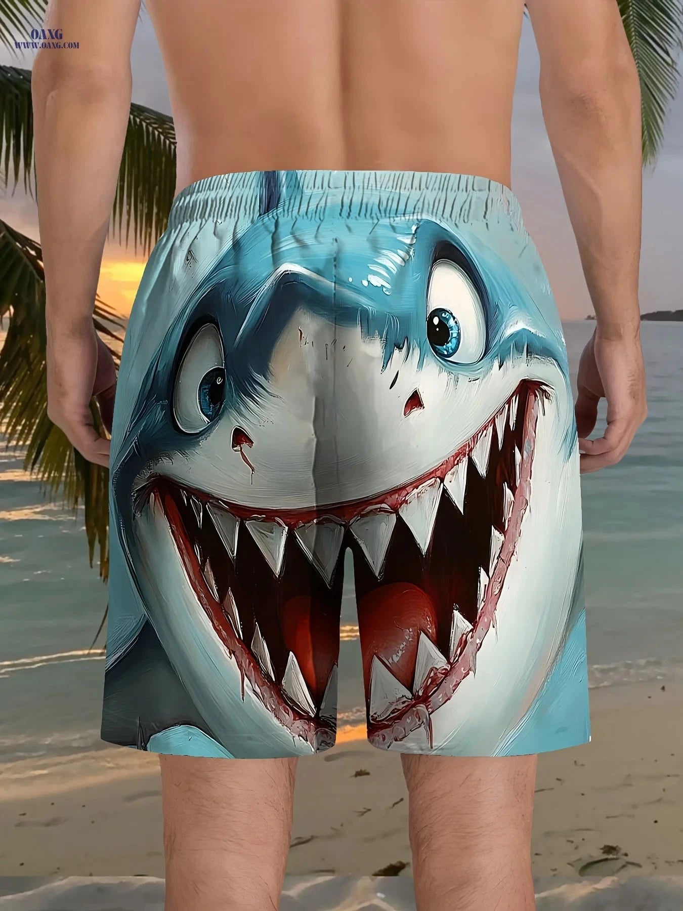 Men’s 3D Shark Beach Shorts - Lightweight Polyester Swim Trunks   OAXG Blue / FR S