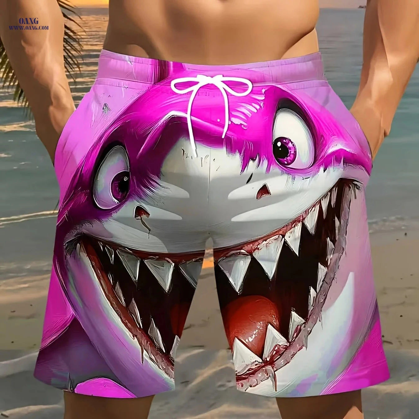 Men’s 3D Shark Beach Shorts - Lightweight Polyester Swim Trunks   OAXG 