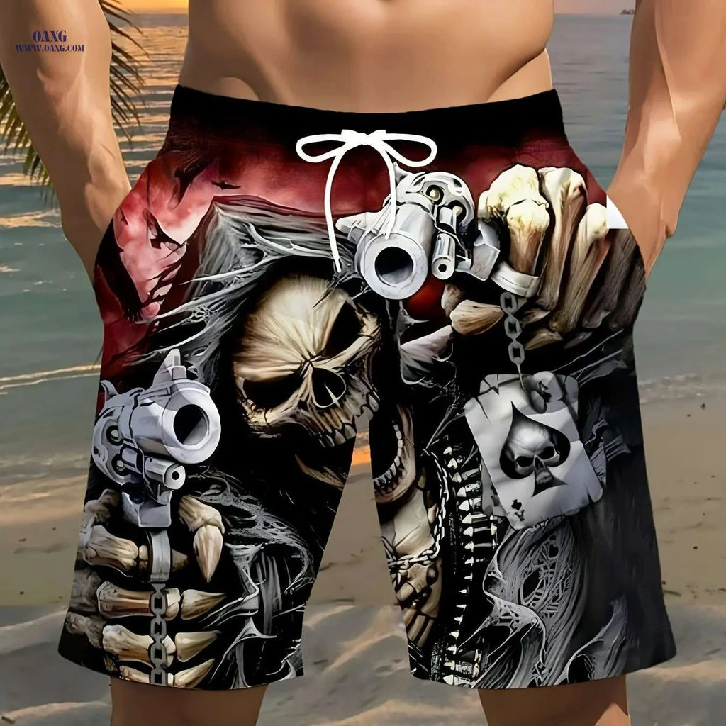 Men's 3D Skull & Gun Print Swim Shorts - Lightweight Polyester Design   OAXG 