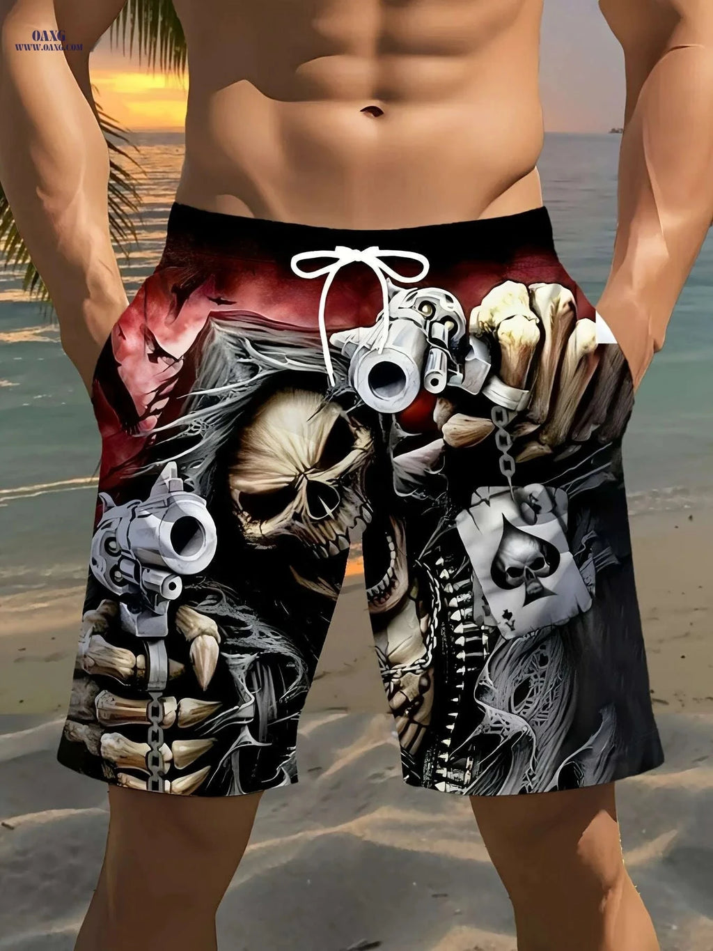 Men's 3D Skull & Gun Print Swim Shorts - Lightweight Polyester Design   OAXG Black / S