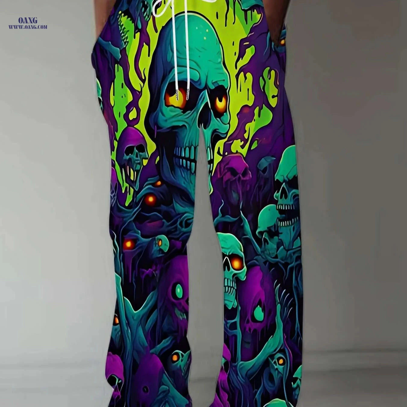 Men's 3D Skull Print Drawstring Pants - Casual Loose Fit, All Seasons   OAXG 