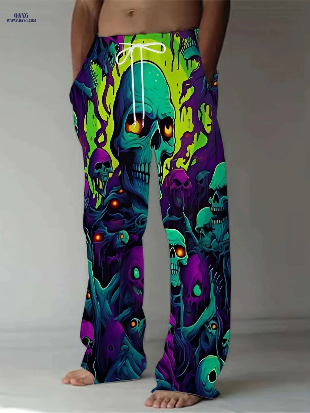 Men's 3D Skull Print Drawstring Pants - Casual Loose Fit, All Seasons   OAXG 