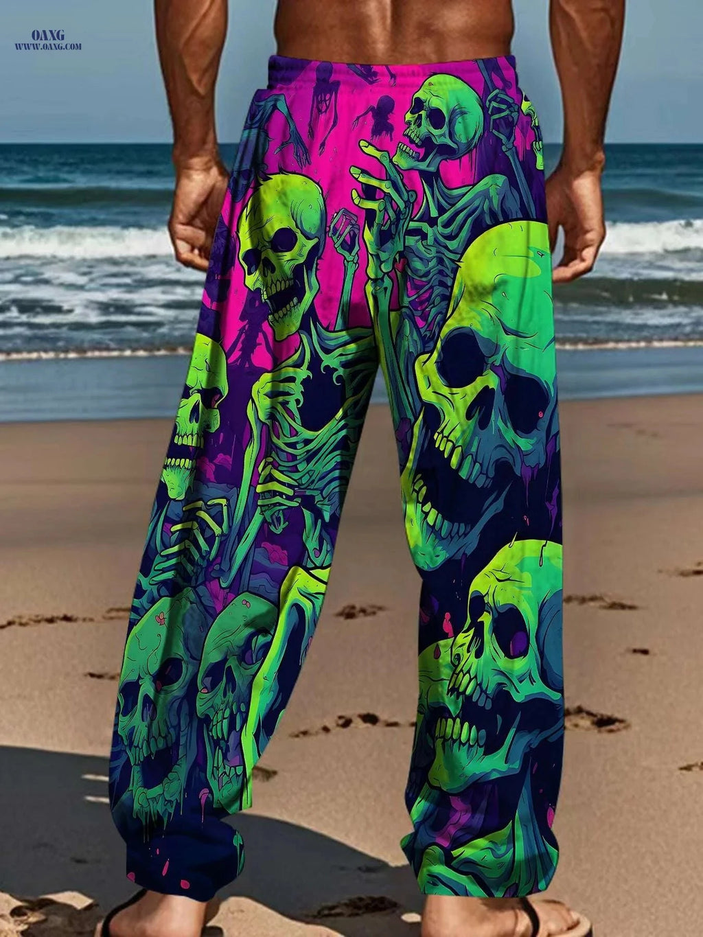 Men's 3D Skull Print Drawstring Pants - Casual Loose Fit, All Seasons   OAXG 