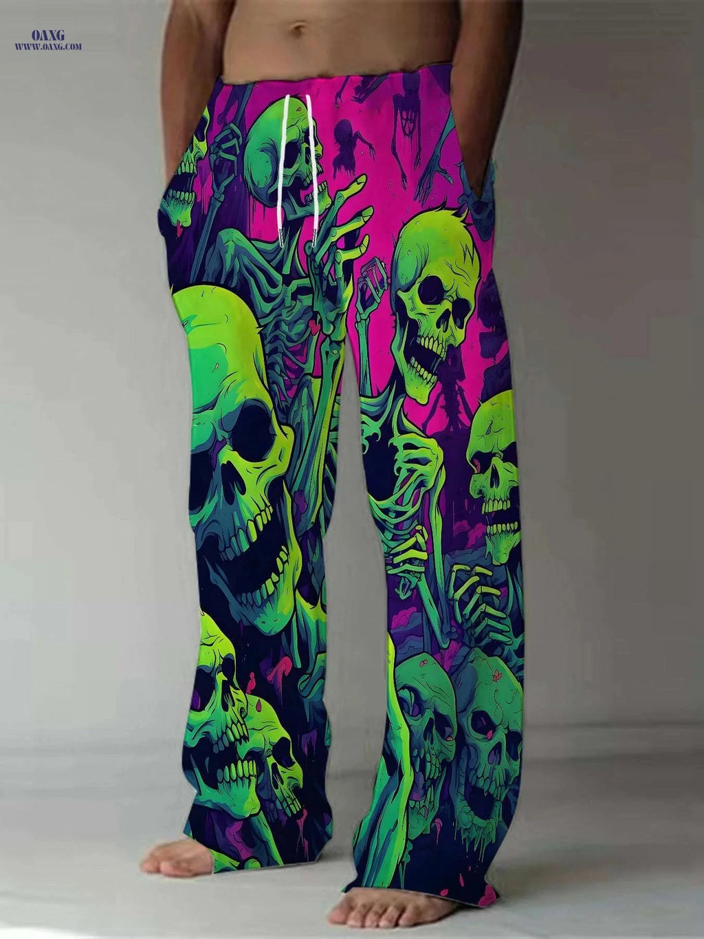 Men's 3D Skull Print Drawstring Pants - Casual Loose Fit, All Seasons   OAXG Mixed Color / M