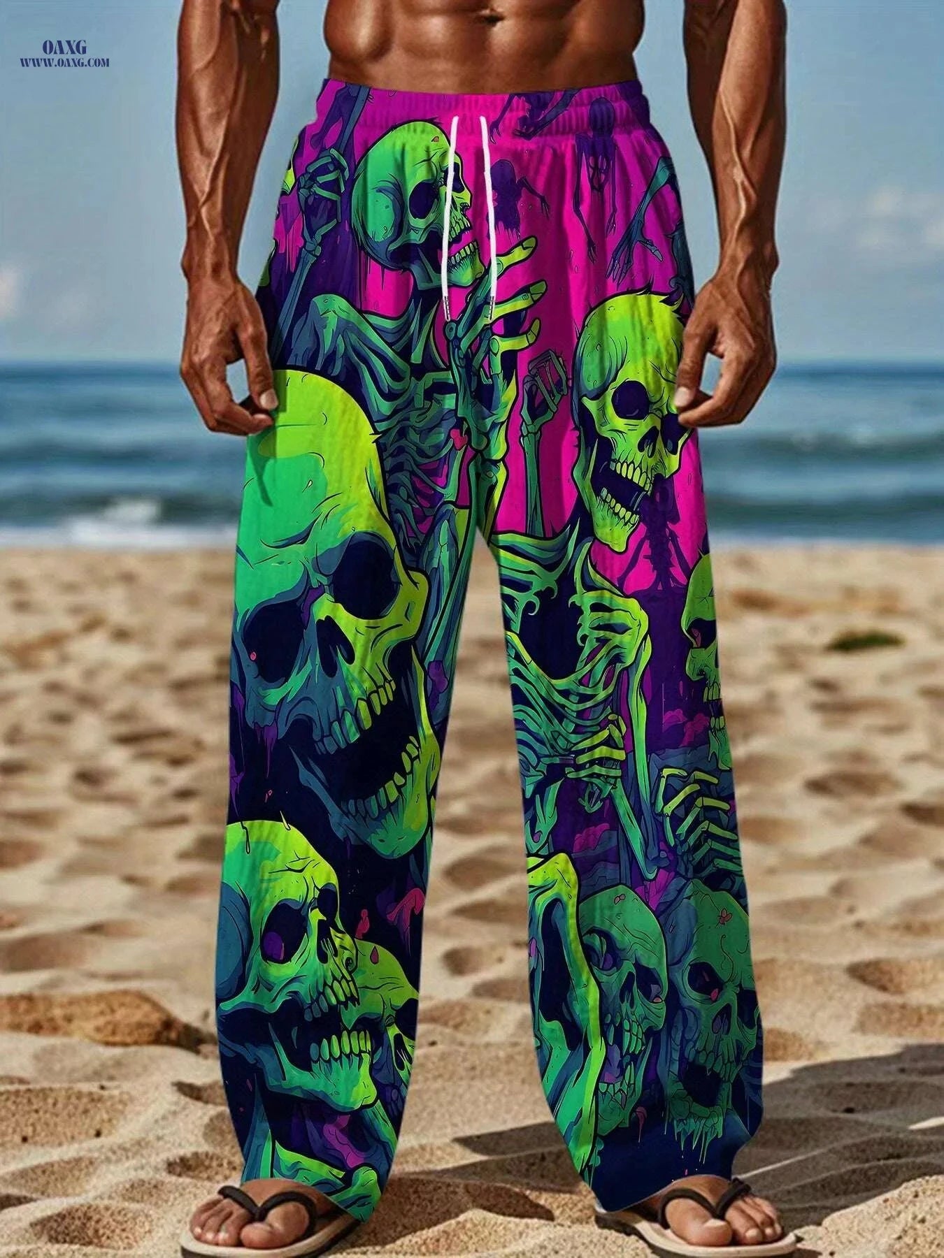 Men's 3D Skull Print Drawstring Pants - Casual Loose Fit, All Seasons   OAXG Mixed Color / M