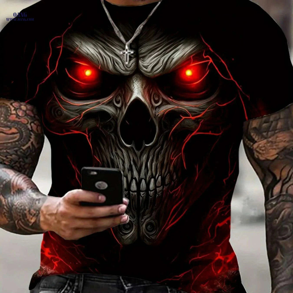 Men's 3D Skull Print Graphic T-Shirt - Casual Crew Neck Tee   OAXG 